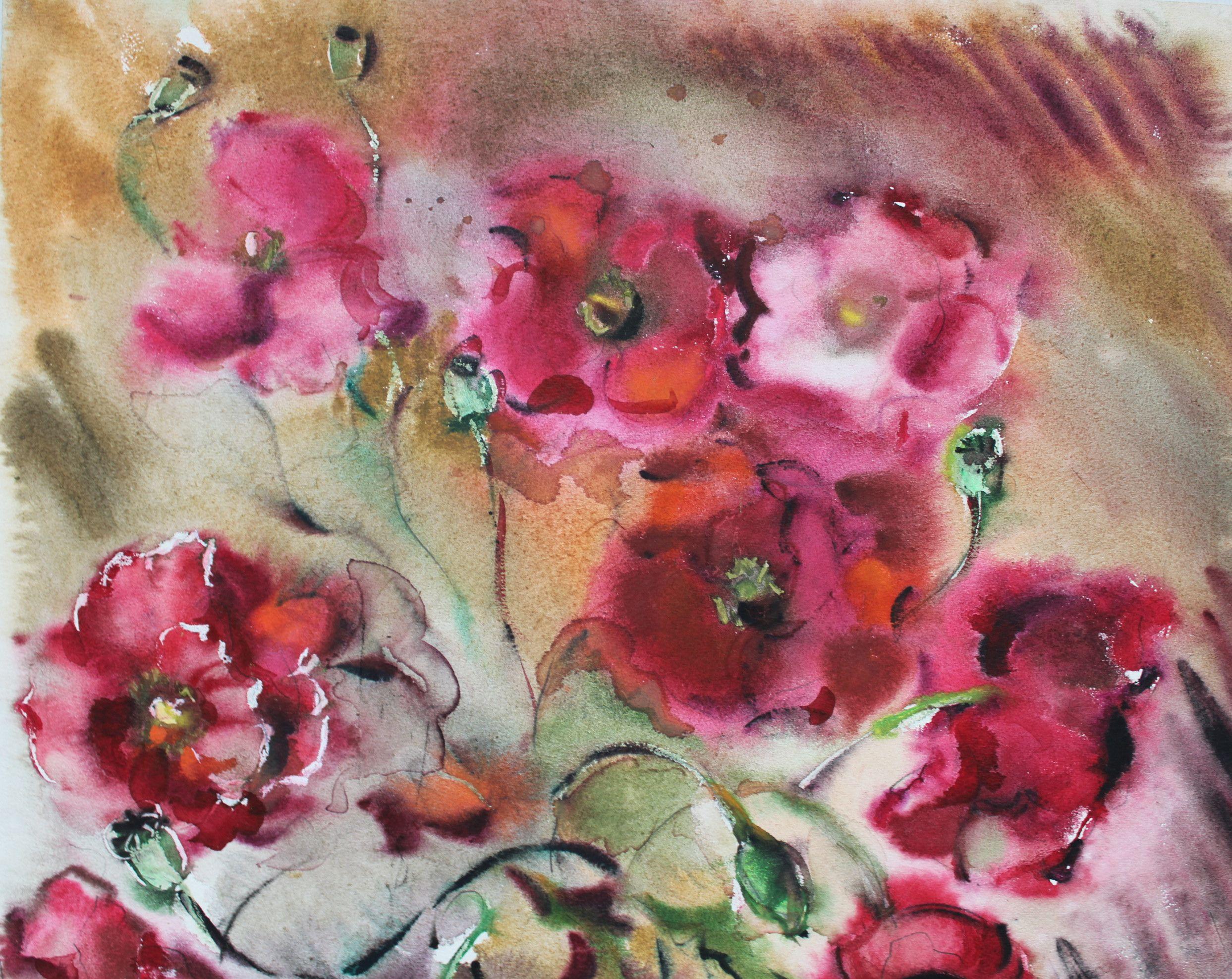 Coquelicots  1980. Papier, aquarelle, 54,5x43,5 cm - Marron Still-Life par Dzidra Bauma