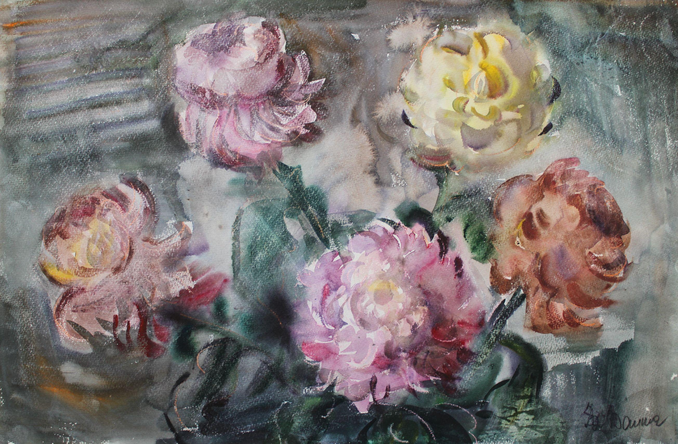 Still-Life di Dzidra Bauma - Crisantemi  1985. Carta, acquerello, 44x57 cm