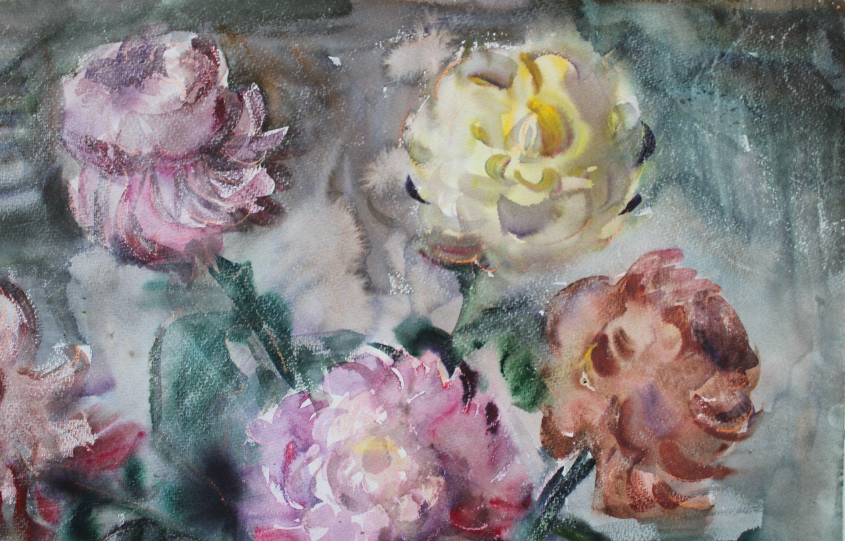 Crisantemi  1985. Carta, acquerello, 44x57 cm - Still-Life Grigio di Dzidra Bauma