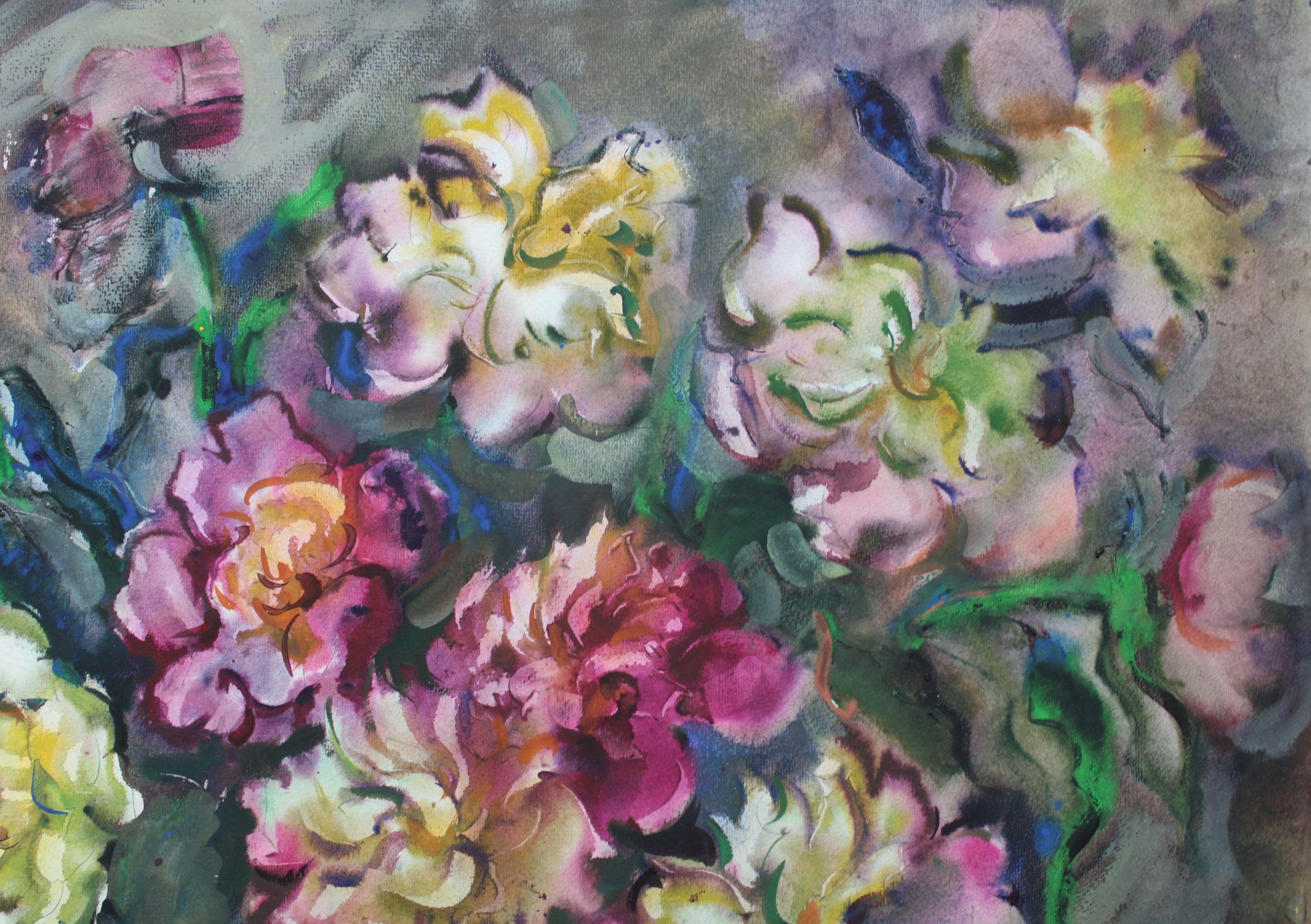 Peonie. Magia d'estate  1985. Carta, acquerello, 61,5x73 cm - Still-Life Grigio di Dzidra Bauma