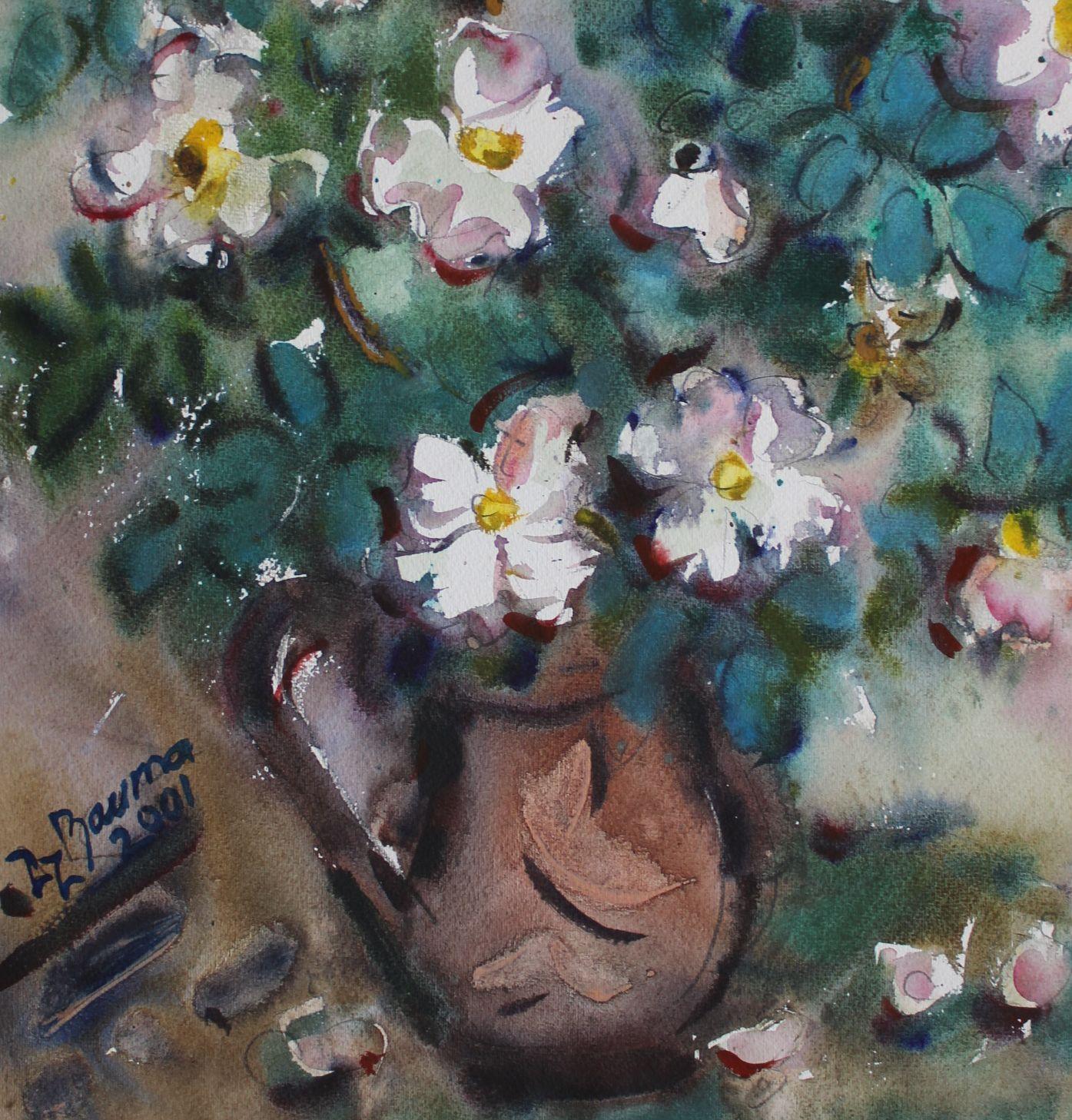 Fleurs blanches  2001. Papier, aquarelle, 65x60 см. - Impressionnisme Art par Dzidra Bauma