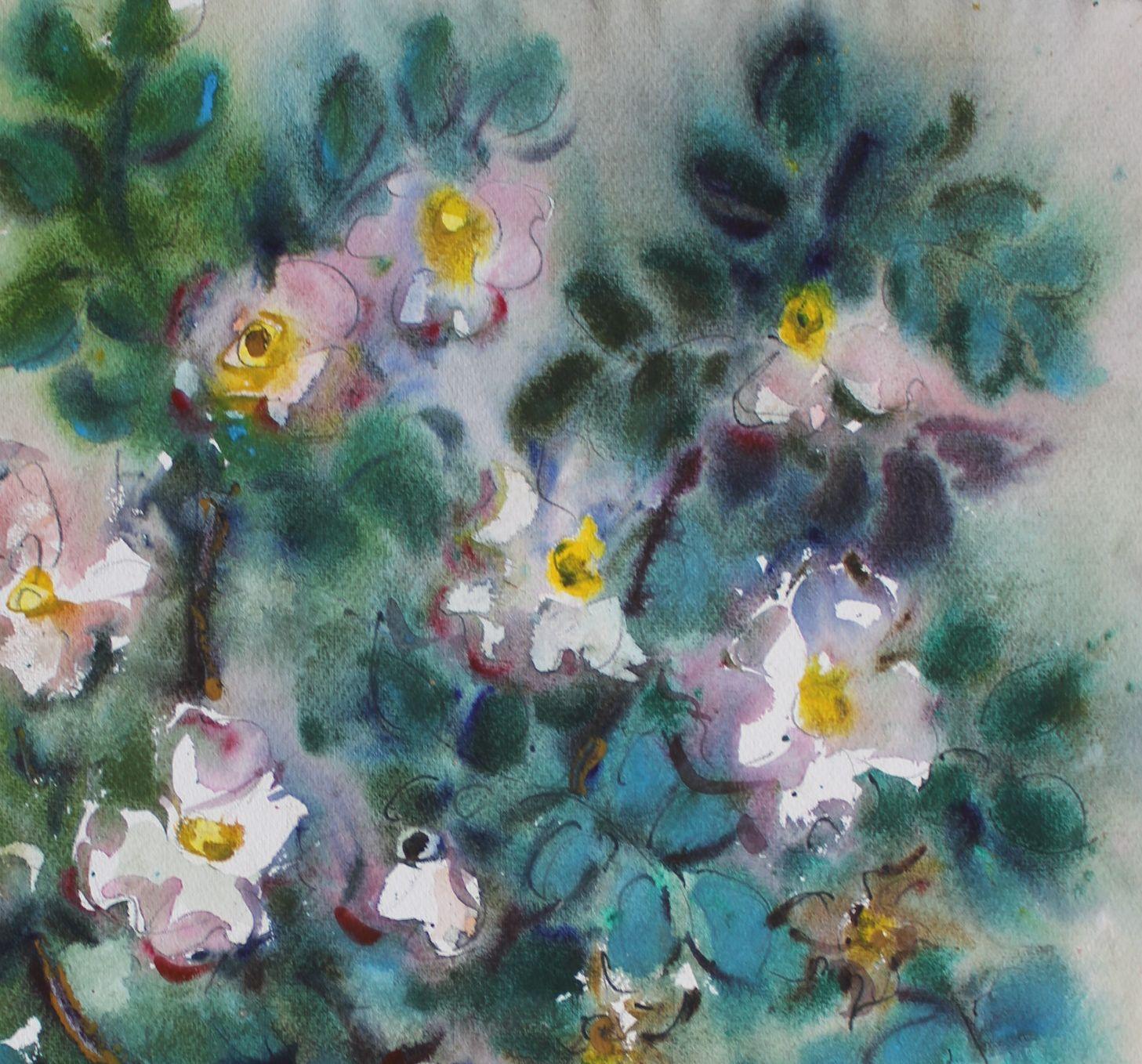 Fleurs blanches  2001. Papier, aquarelle, 65x60 см. - Gris Still-Life par Dzidra Bauma