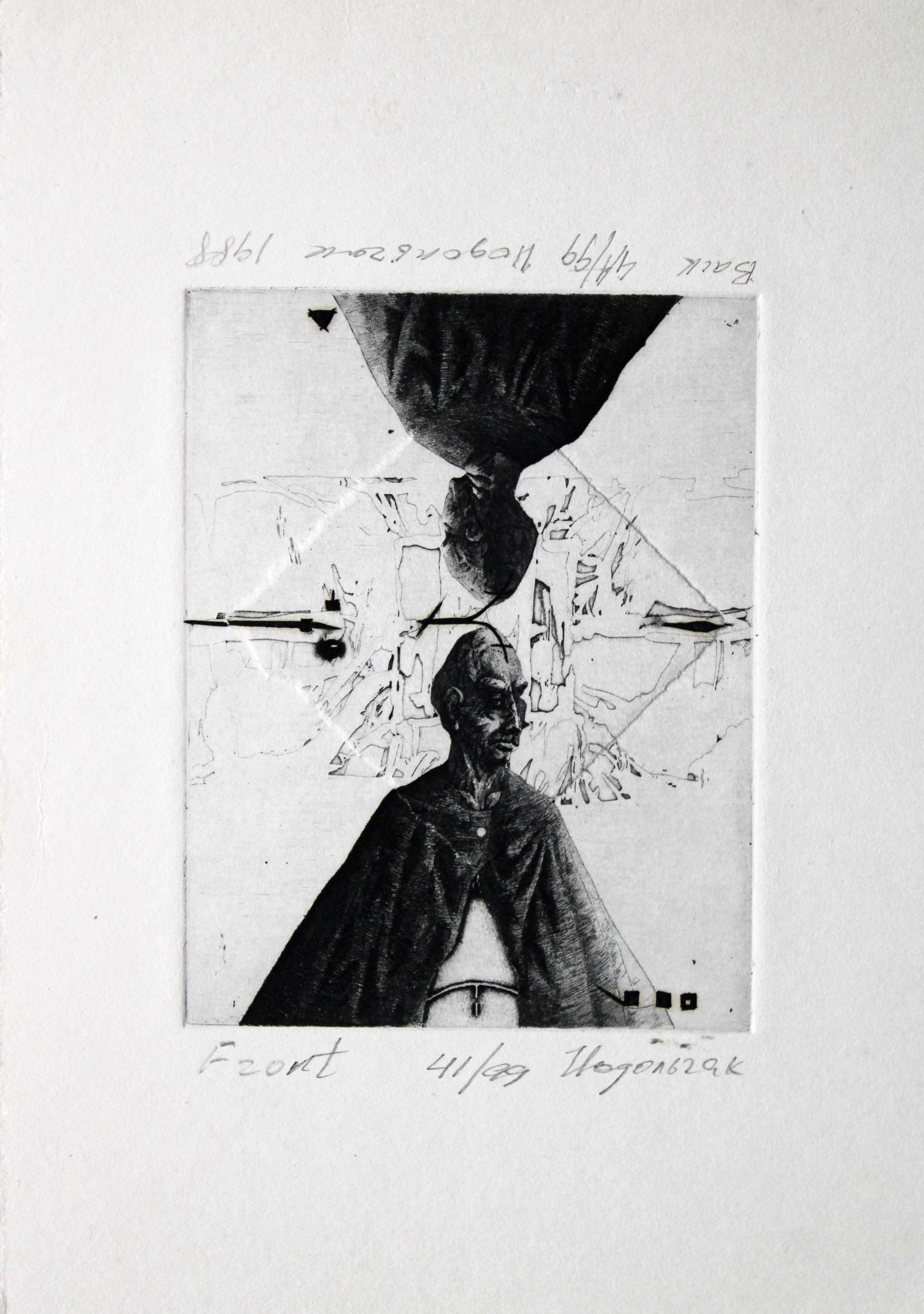 recto/verso, papier/gravure, 41/99, 9,5x7,5 cm, 1988 - Gris Figurative Art par Podolczak Igor