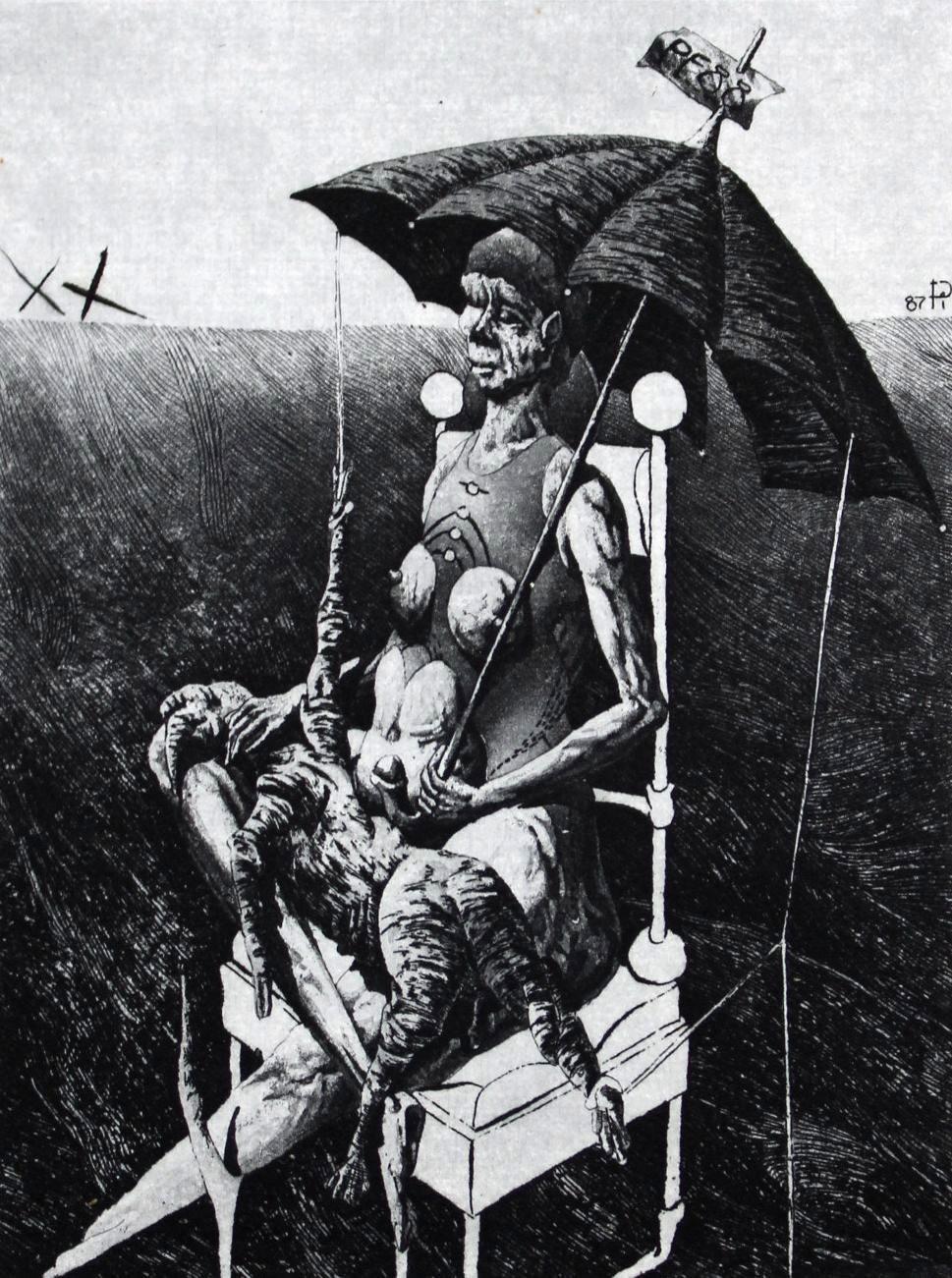 Podolczak Igor Figurative Art – Dame mit Regenschirm, Papier/Radierung, 50/50, 10x7,5 cm