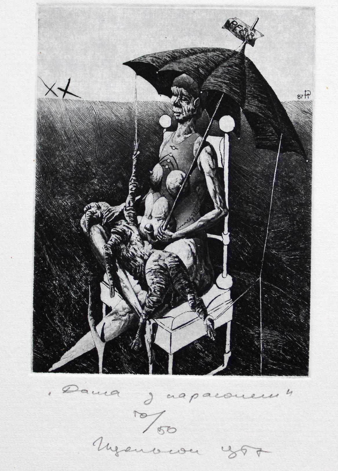 Dame mit Regenschirm, Papier/Radierung, 50/50, 10x7,5 cm – Art von Podolczak Igor