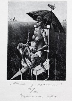 Lady with an Umbrella, paper/etching, 50/50, 10x7.5 cm