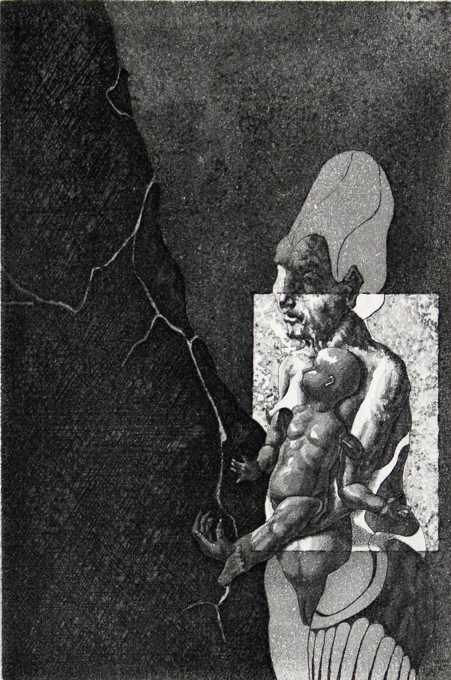 Figurative Art Podolczak Igor - Sans nom avec une poupée, papier/gravure, 25/25, 11x7 cm, 1986