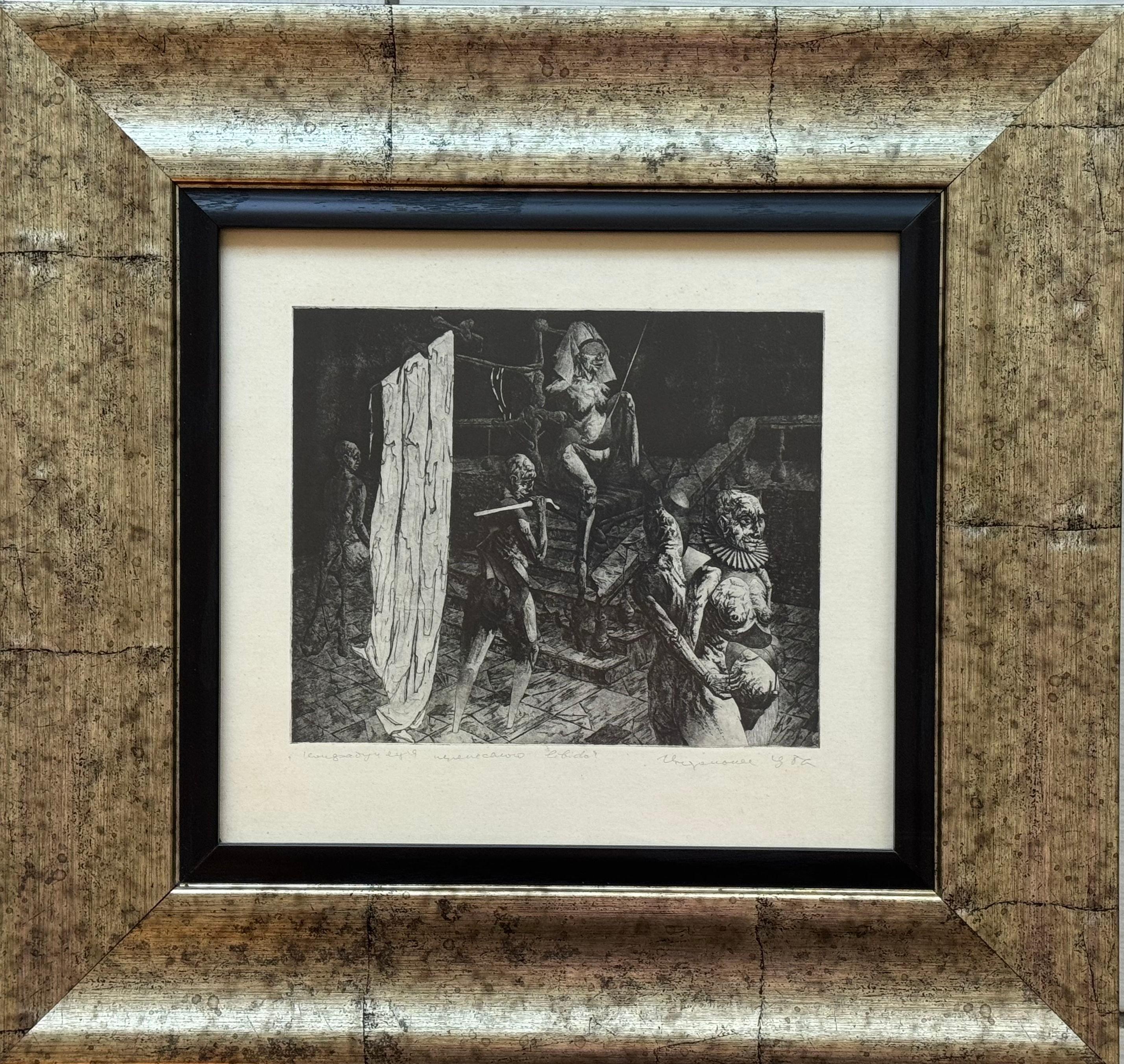 Confubulation de la libido transférée, papier/gravure, 22 x 24 cm - Art de Podolczak Igor