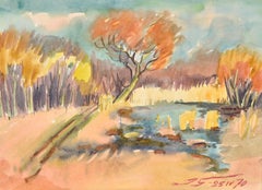 Paesaggio autunnale con laghetto. 1972. Acquerello. 30x41 cm. Firmato