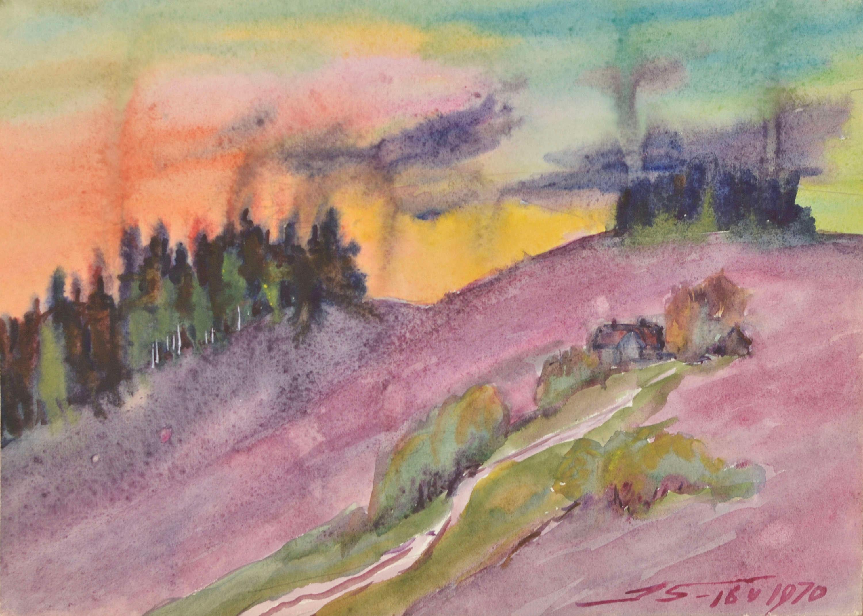Tramonto nei campi. 1970. Acquerello. 30x41 cm. Firmato