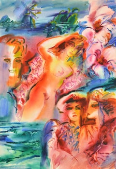 Dans le vent. Papier, aquarelle. 72 x 50 cm. Signé. Signé.