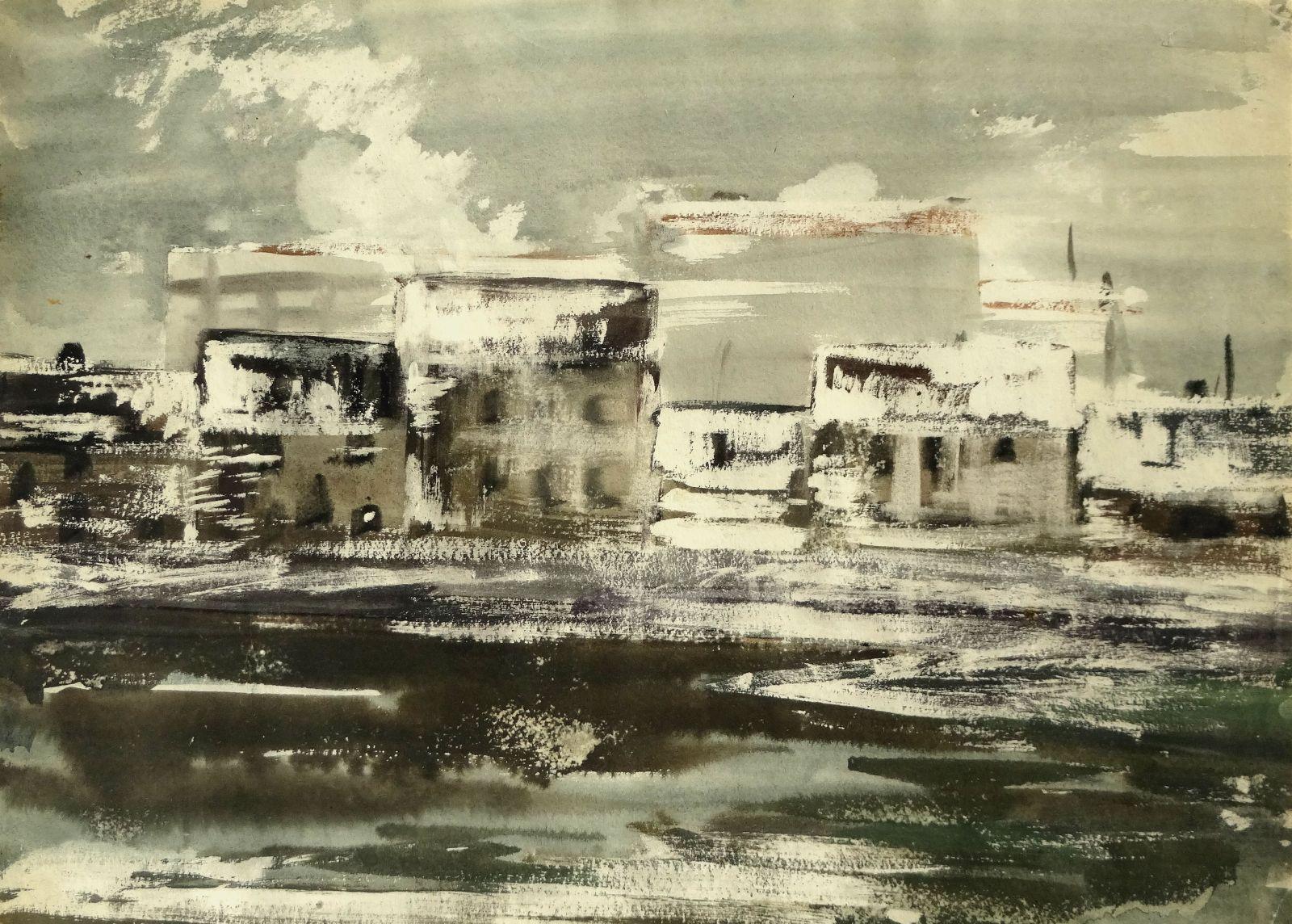 Edwin Andersons Landscape Painting - City by the river. Paper, watercolor, 55x76 cm