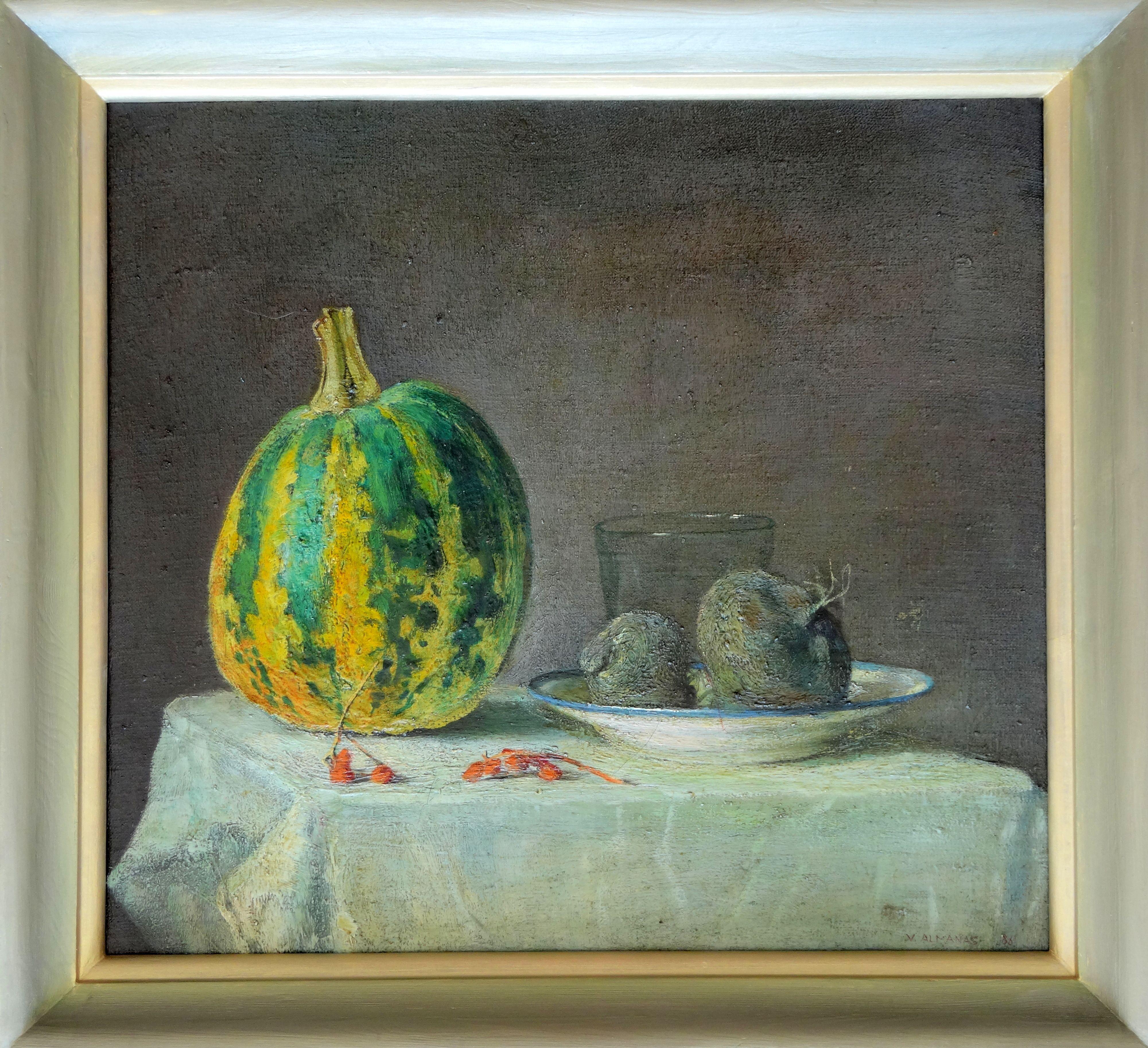 Still life with a black radish  1986, oil on canvas, 50x55 cm - Realist Painting by Almanas Vitauts