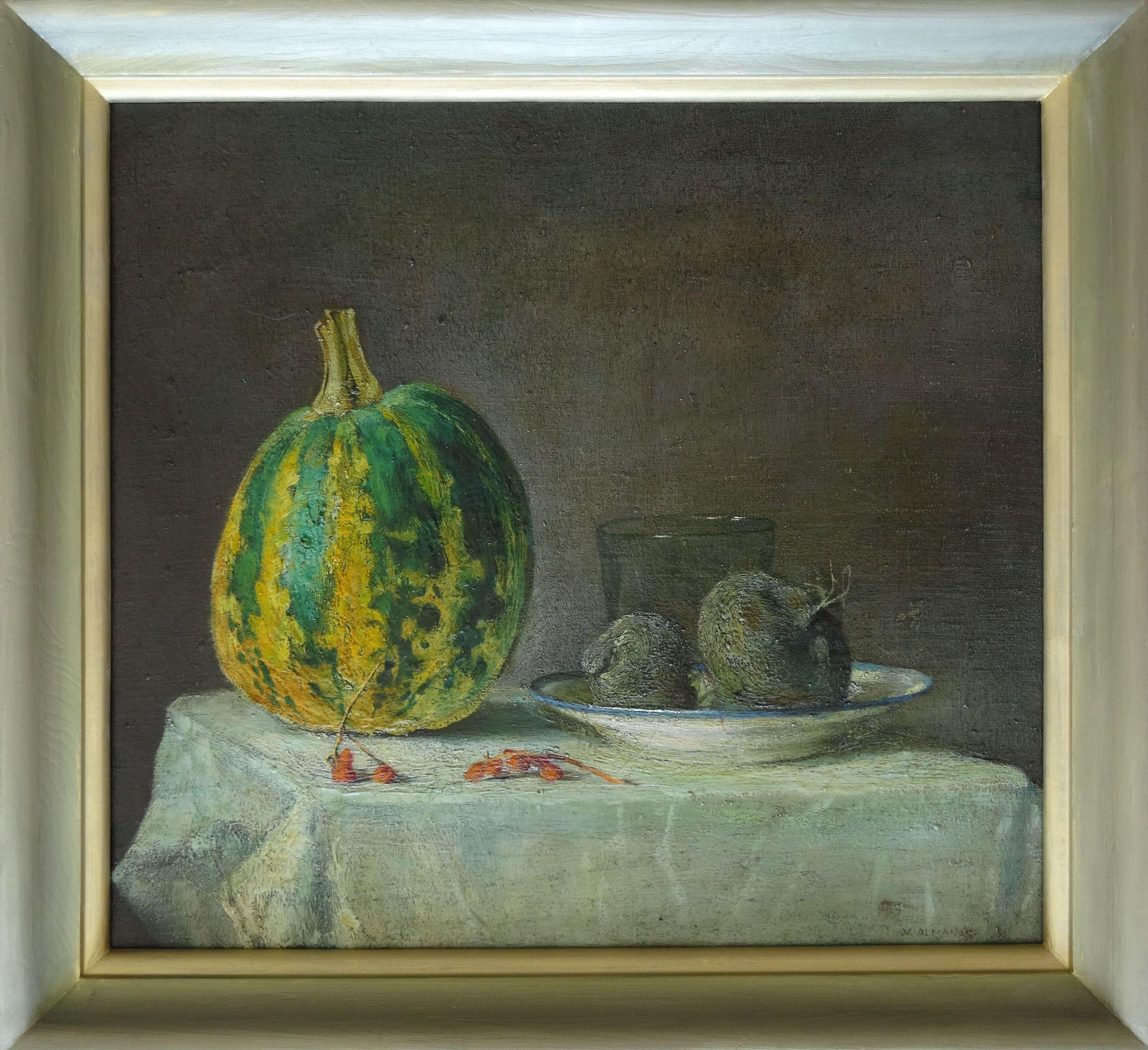 Still life with a black radish  1986, oil on canvas, 50x55 cm - Black Still-Life Painting by Almanas Vitauts