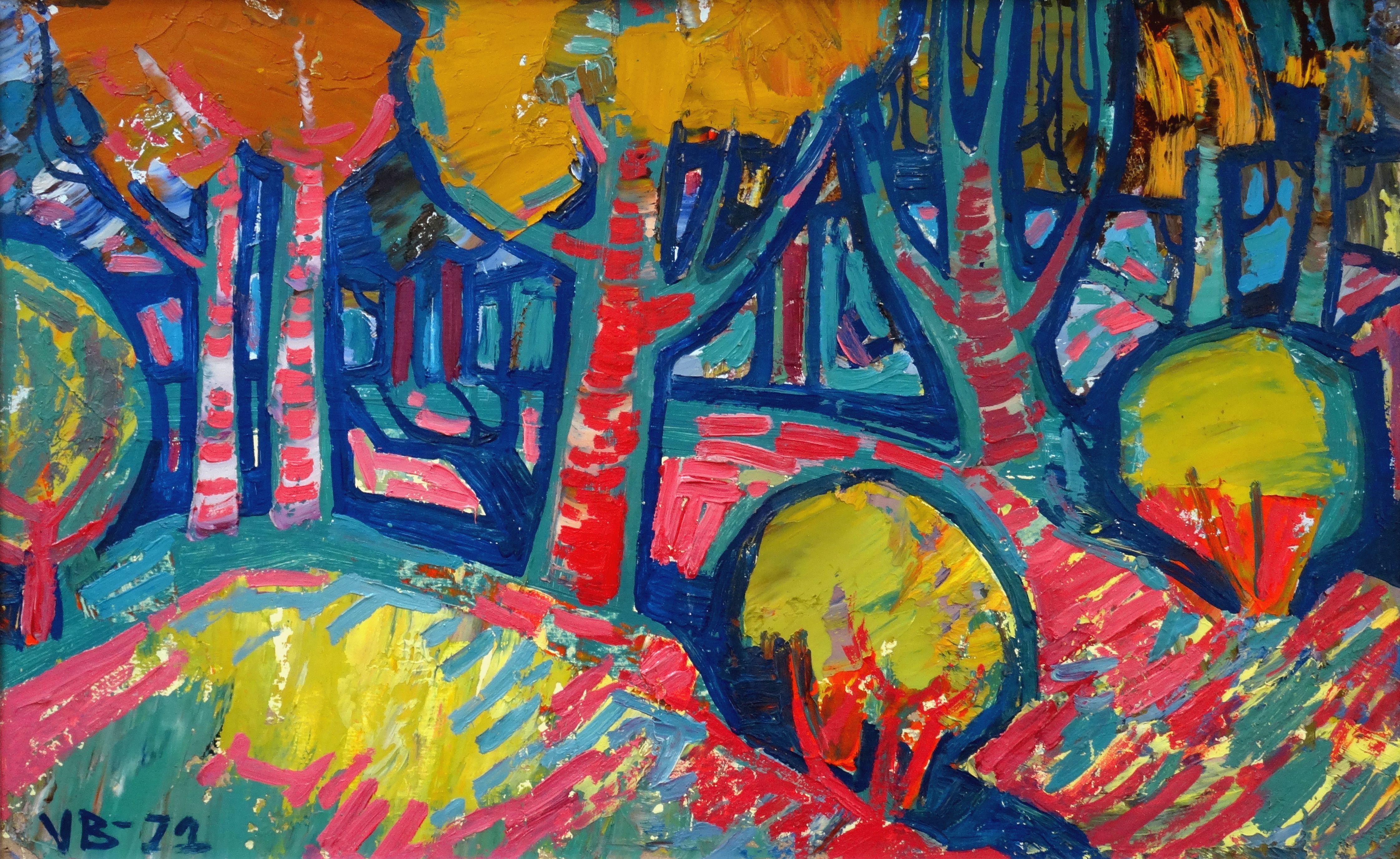 Valdis Bush Landscape Painting - Sunset in the forest. 1972., Cardboard, oil, 46x73 cm