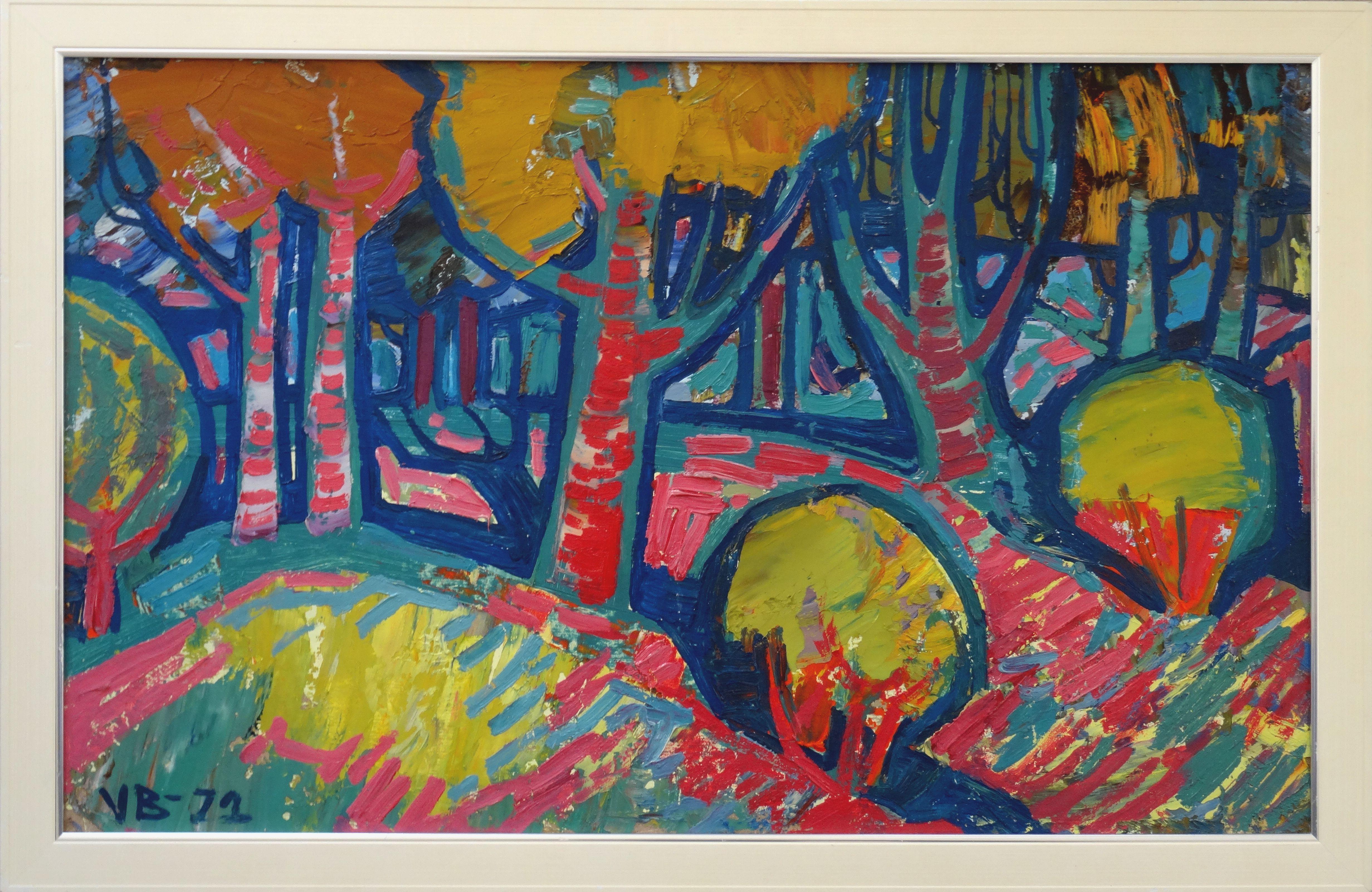 Sunset in the forest. 1972., Cardboard, oil, 46x73 cm - Painting by Valdis Bush