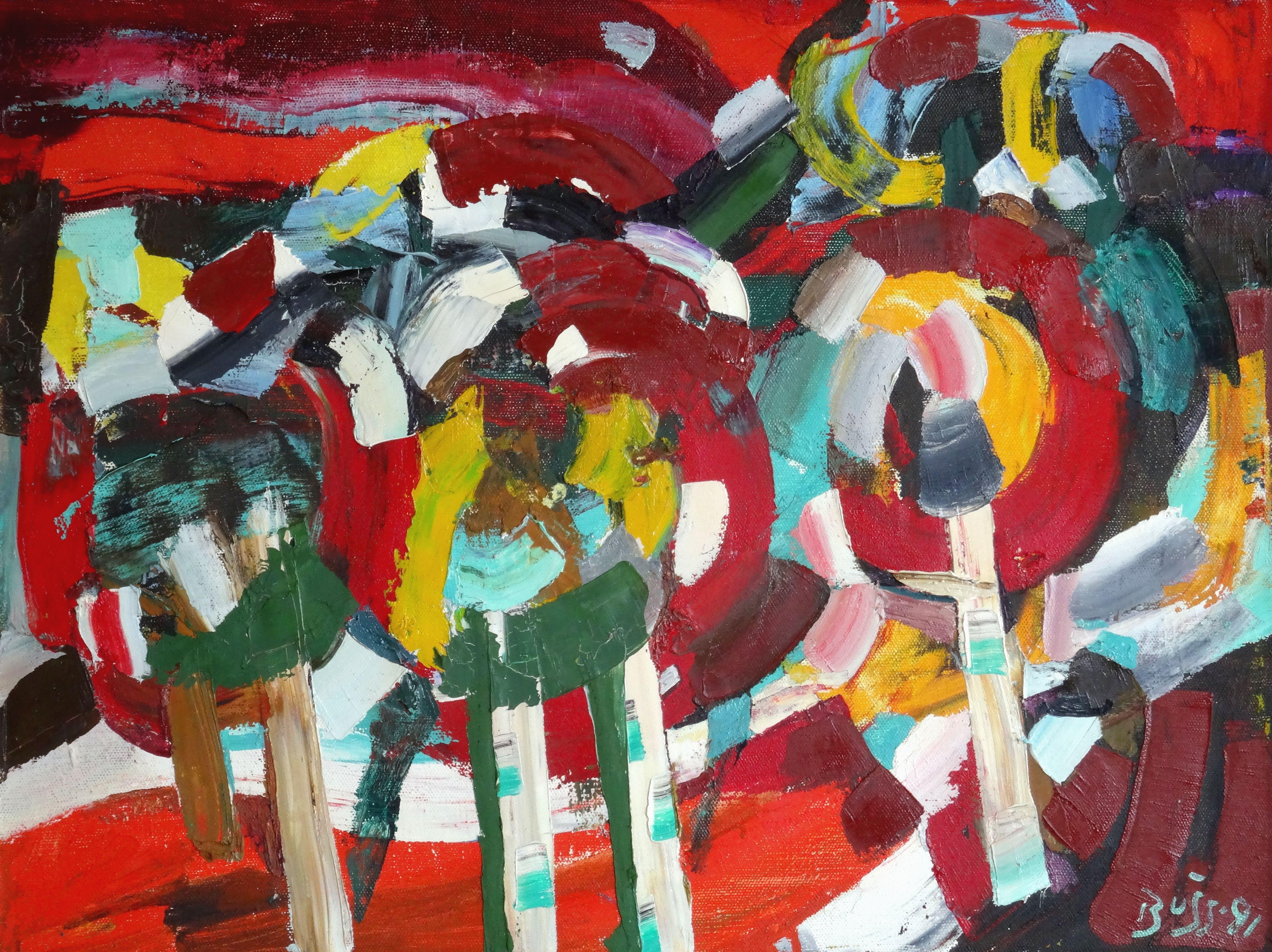 Valdis Bush Landscape Painting – Rote Bäume. 1991, Öl auf Leinwand, 60x80 cm