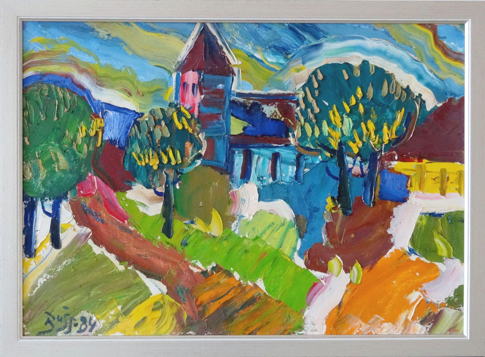 City Dagda. 1984. Huile sur toile et carton, 50x70 cm - Painting de Valdis Bush
