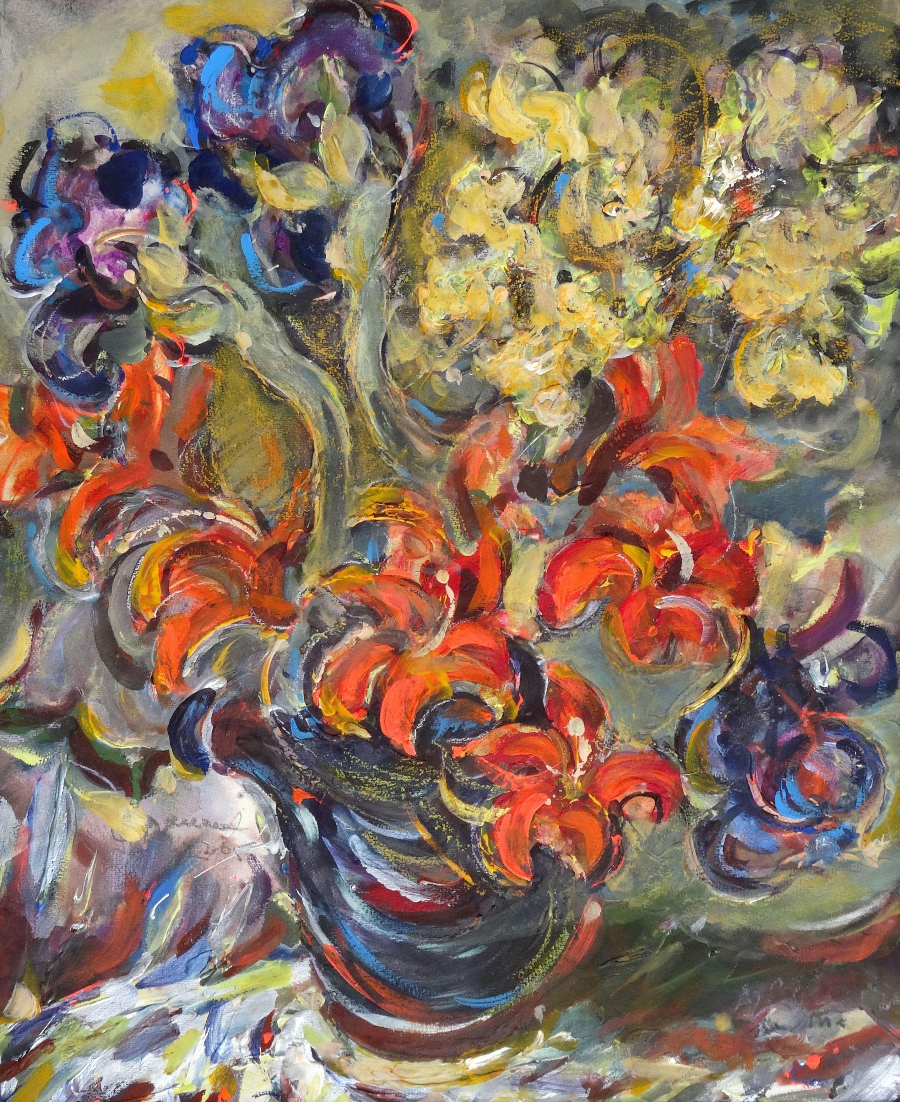 Blumen im Blumenstil. Kartenkarton, Mischtechnik, 60x73 cm