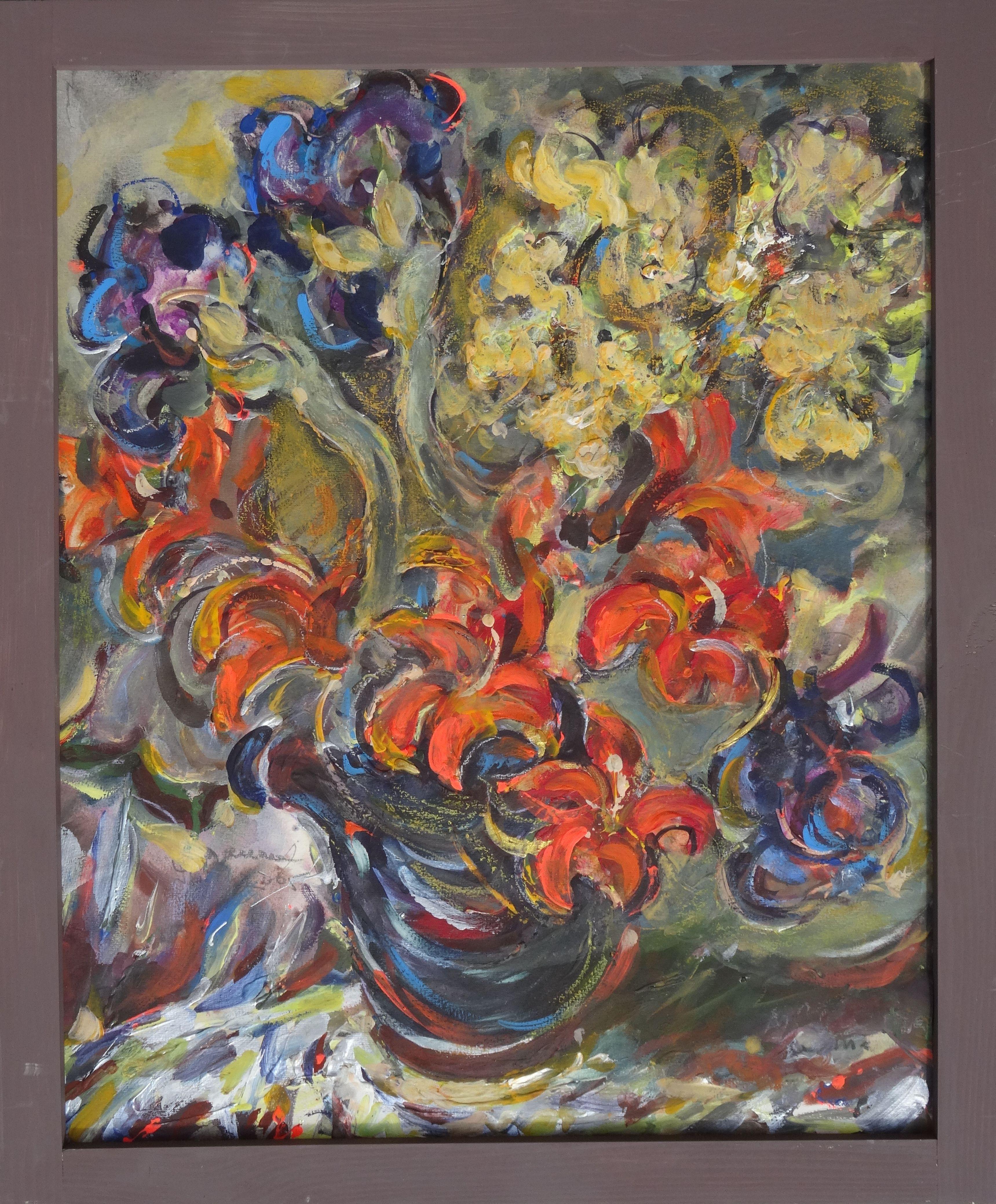 Flowers. Cardboard, mixed media, 60x73 cm - Painting by Dzidra Bauma