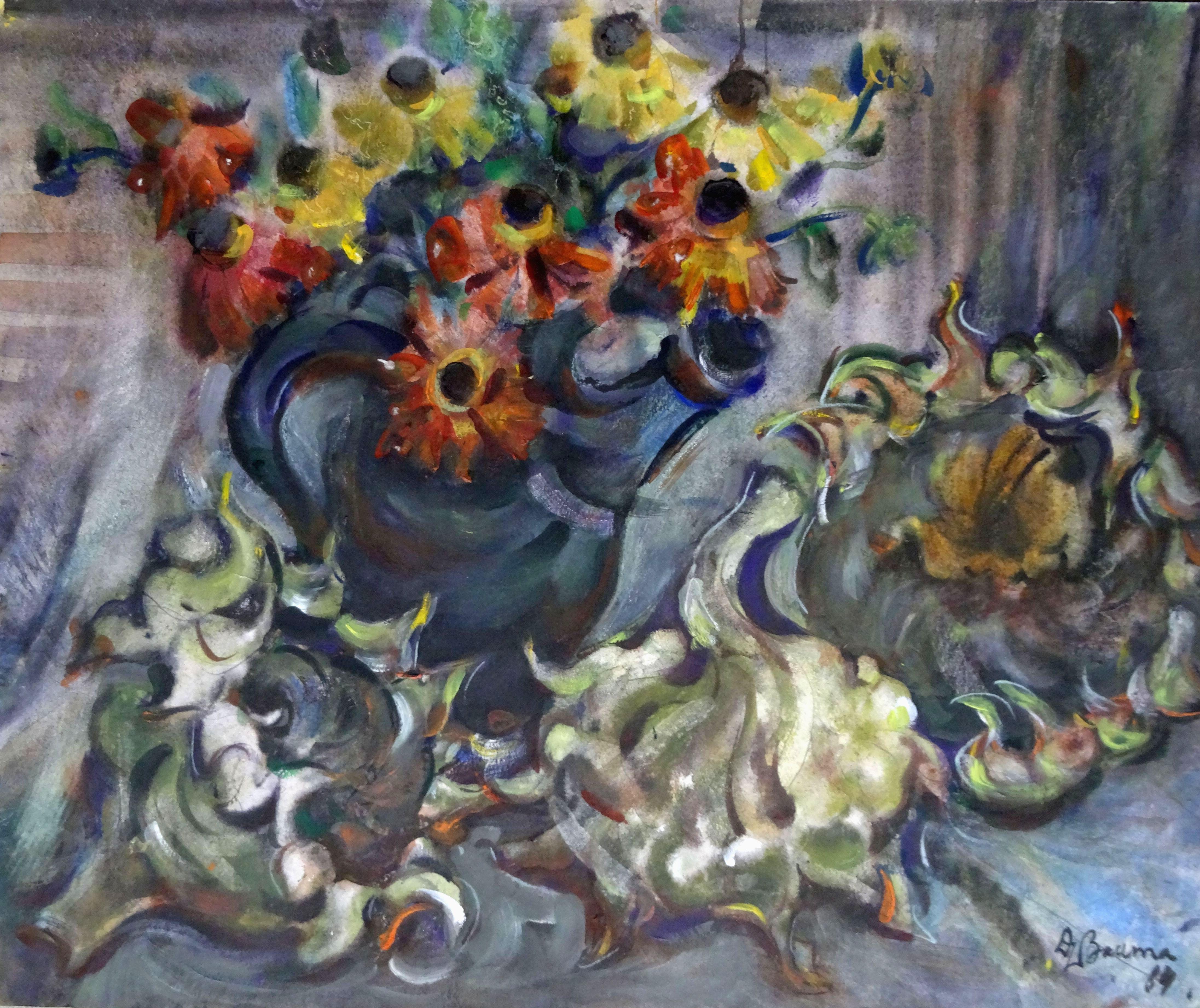 Dzidra Bauma Still-Life Painting - Sunflowers in the fall. 1984, paper, watercolor, 59x71 cm