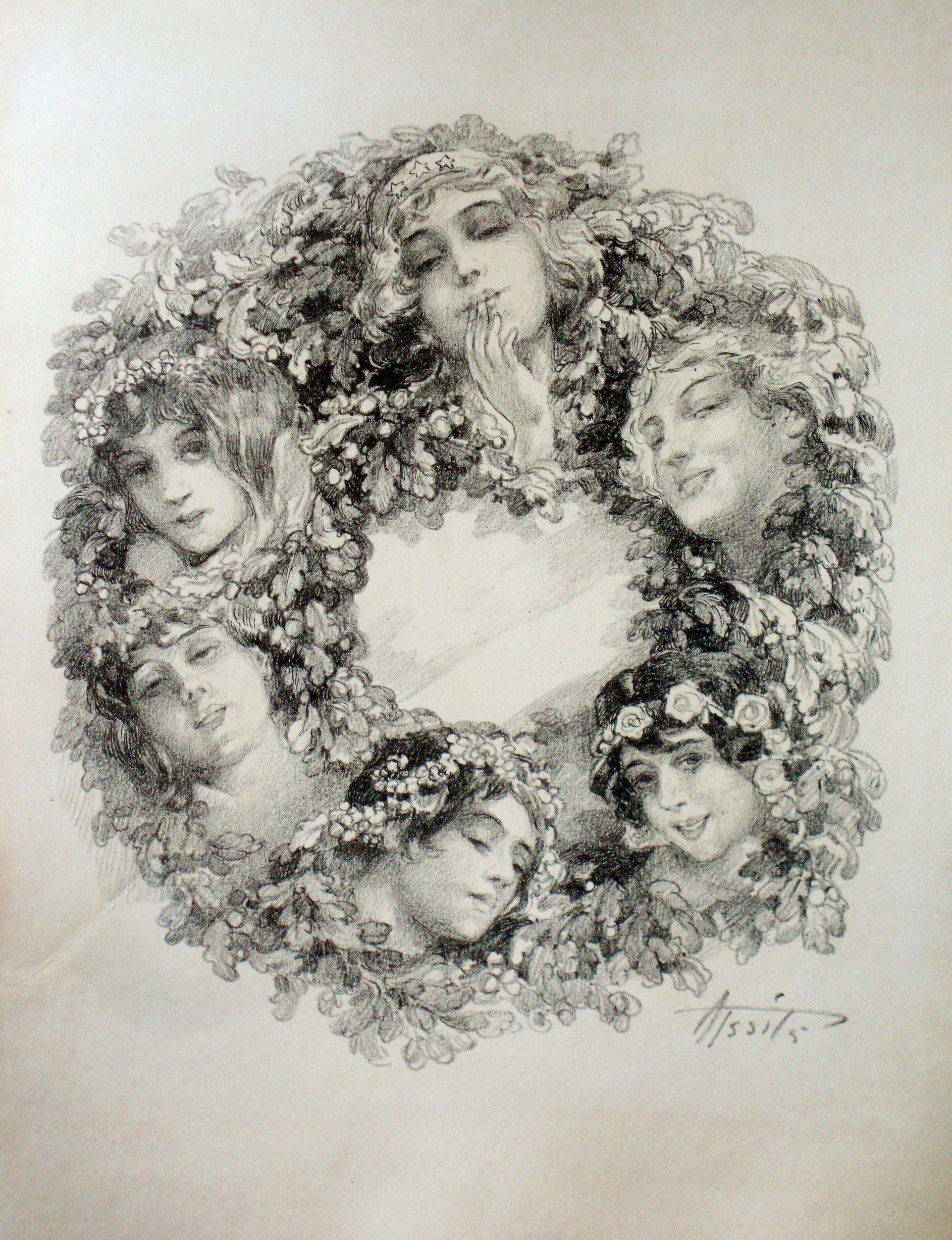 Aleksandrs Apsitis Figurative Print - Wreath. Paper, lithograph, 29x24 cm