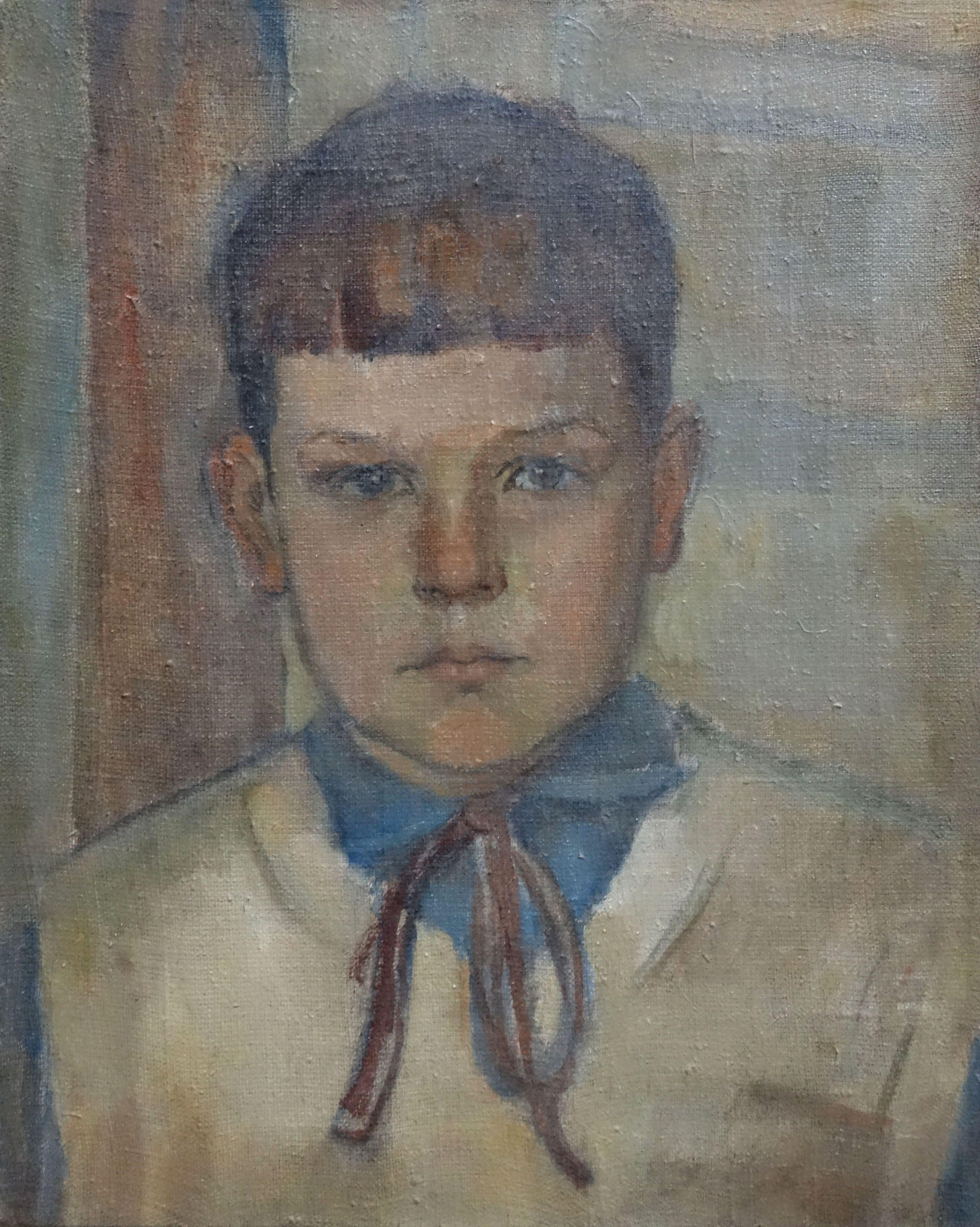 The boy's portrait. Ivar. 1950s, oil on canvas, 50x40 cm - Painting by Biruta Baumane