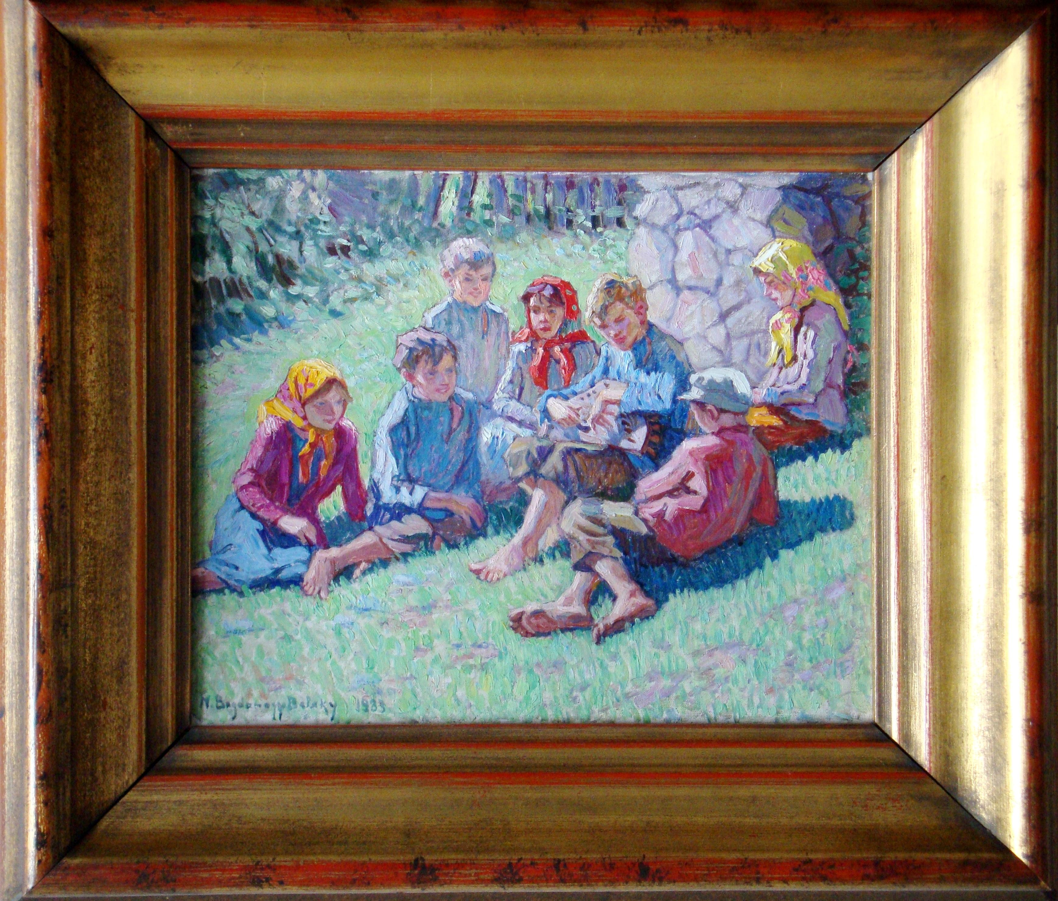 Children's celebration. 1933, cardboard, canvas, oil, 24x30 cm - Painting by Nikolaj Bogdanov Belsky