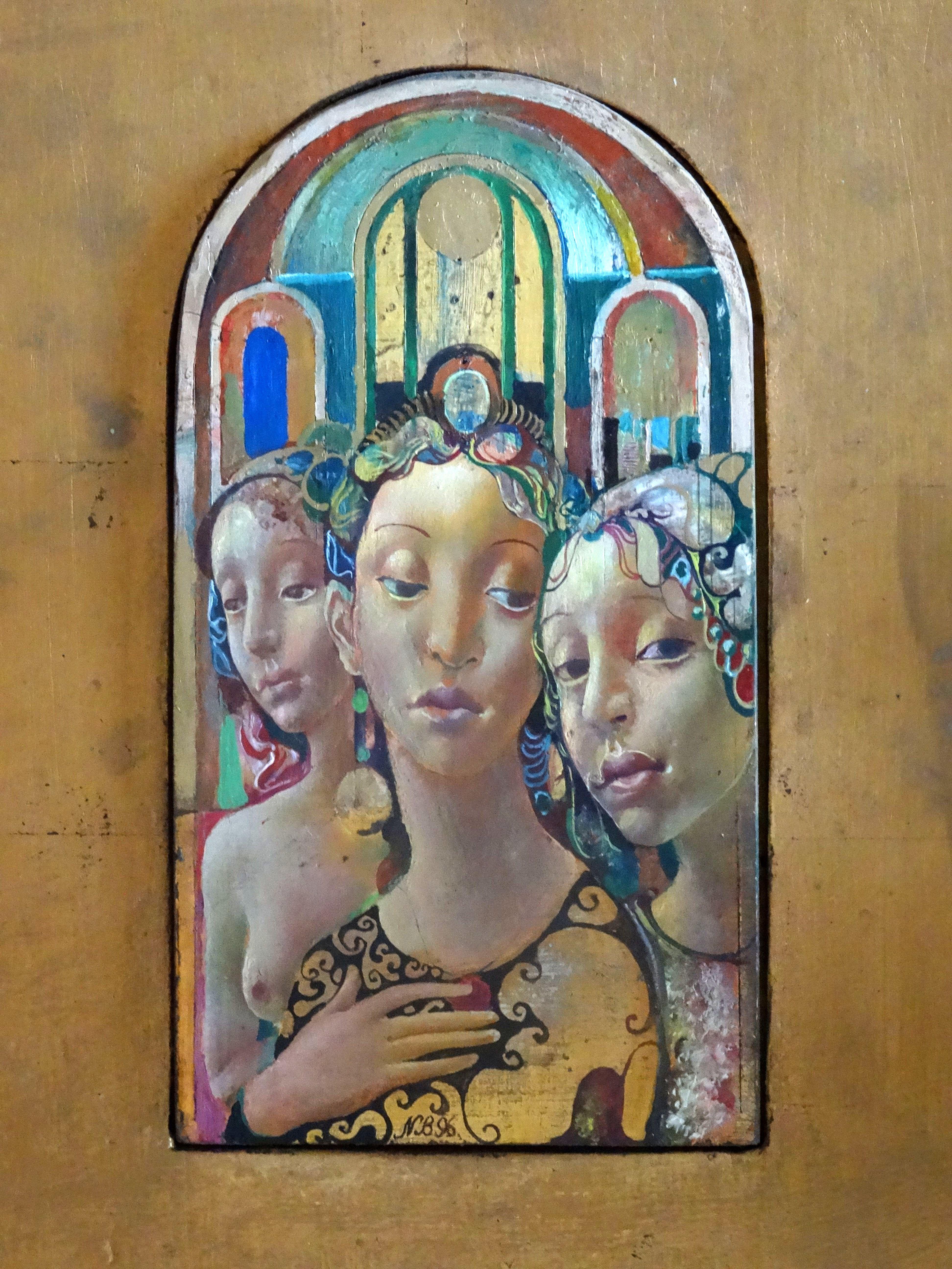 Normunds Braslinsh Figurative Painting - Three Graces. 1996, oil on wood, 32x23 cm