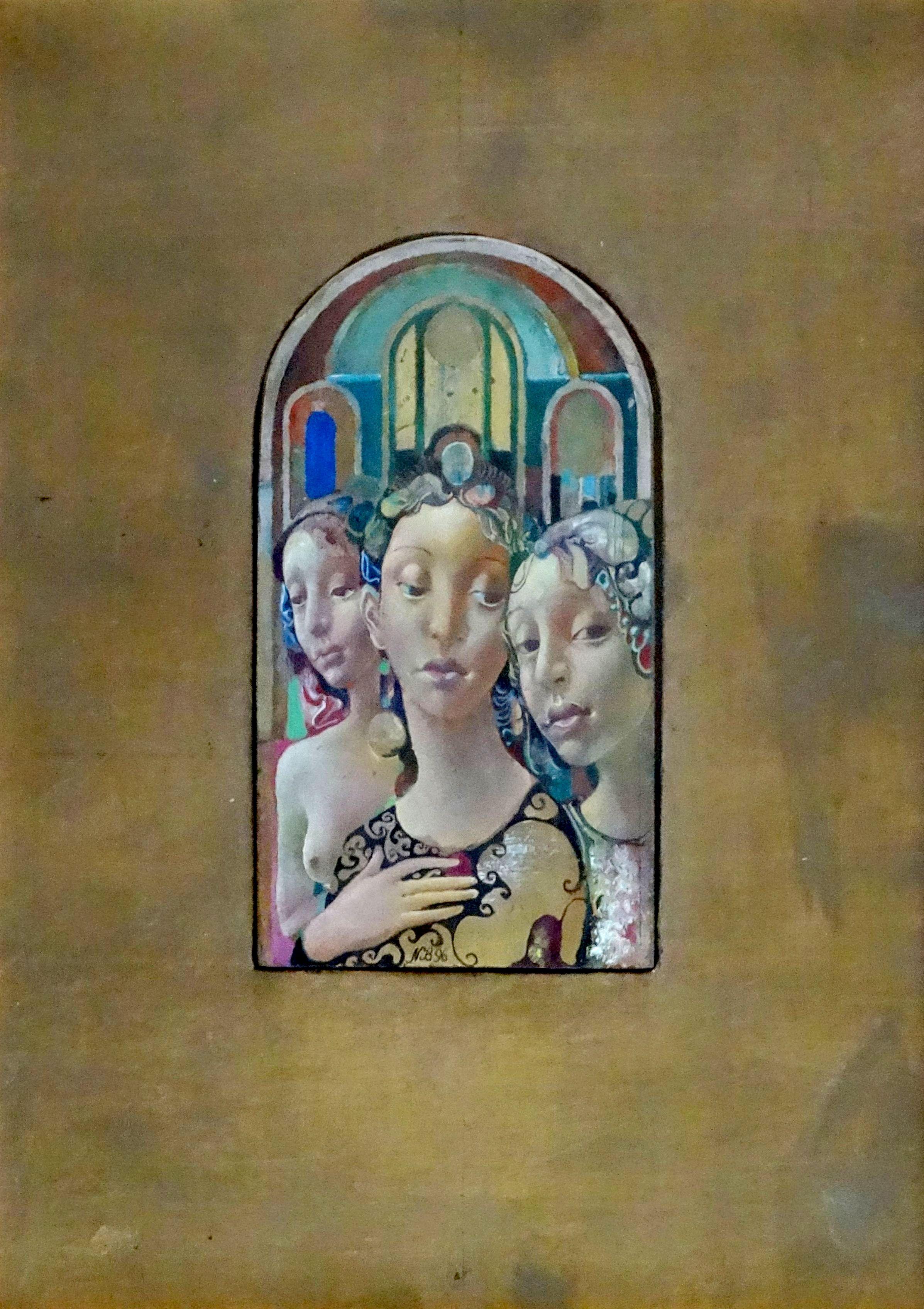 Three Graces. 1996, oil on wood, 32x23 cm - Painting by Normunds Braslinsh