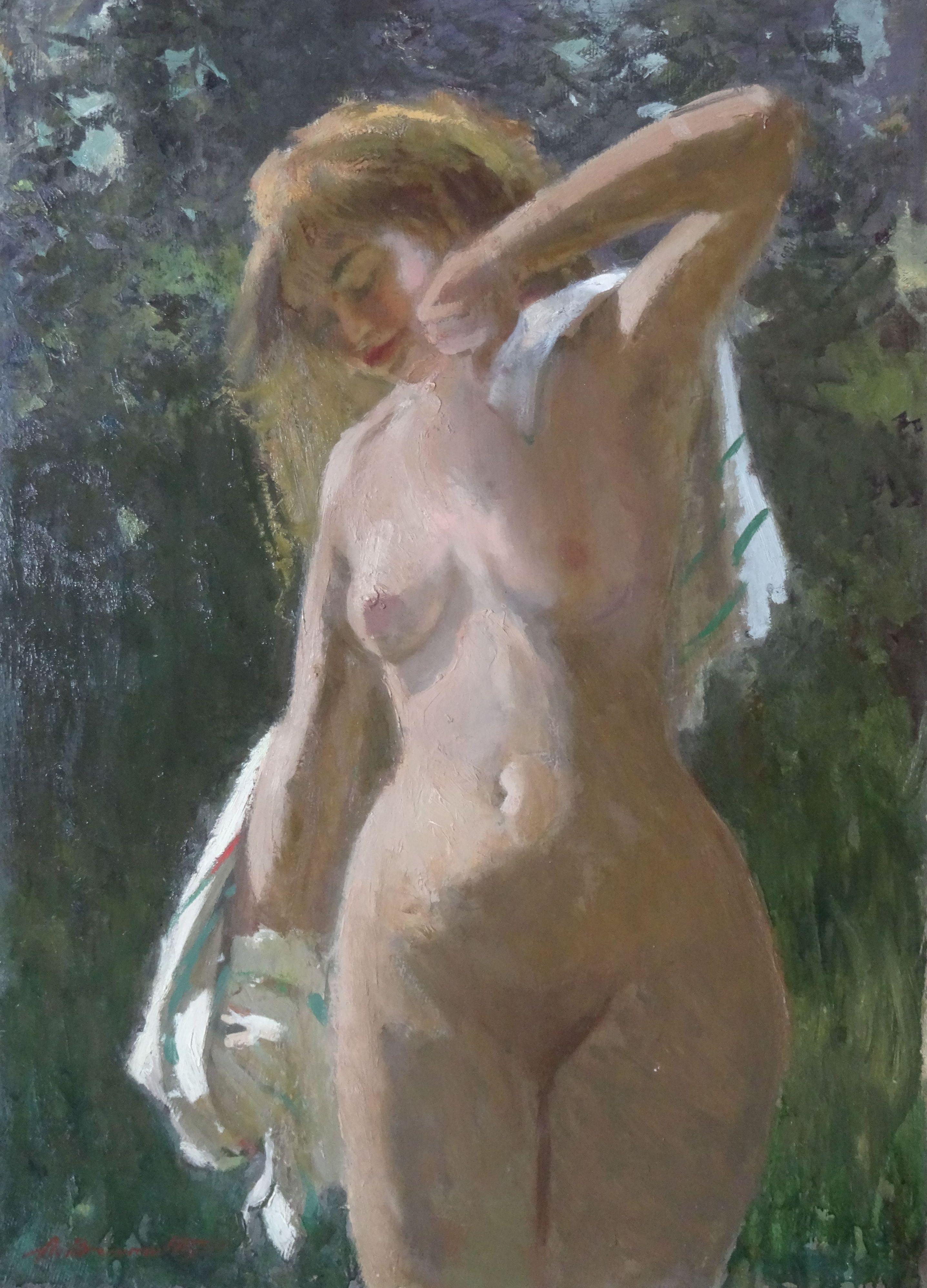 Alfejs Bromults Figurative Painting - Act. 1979. Oil on cardboard, 96x70 cm