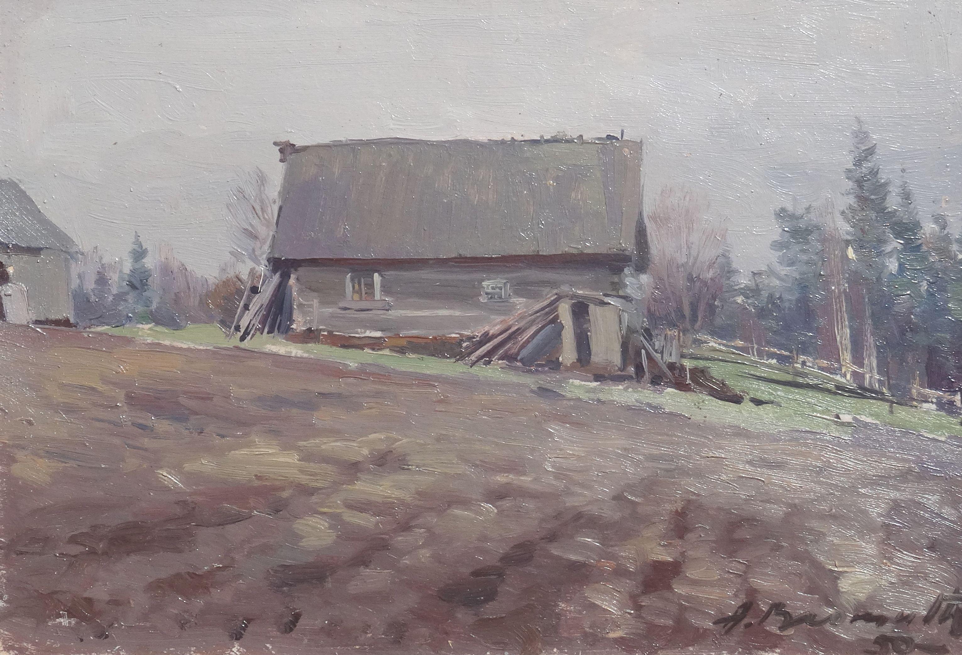 Landscape Painting Alfejs Bromults -  Countryside. 1950s, carton, huile, 26x37 cm