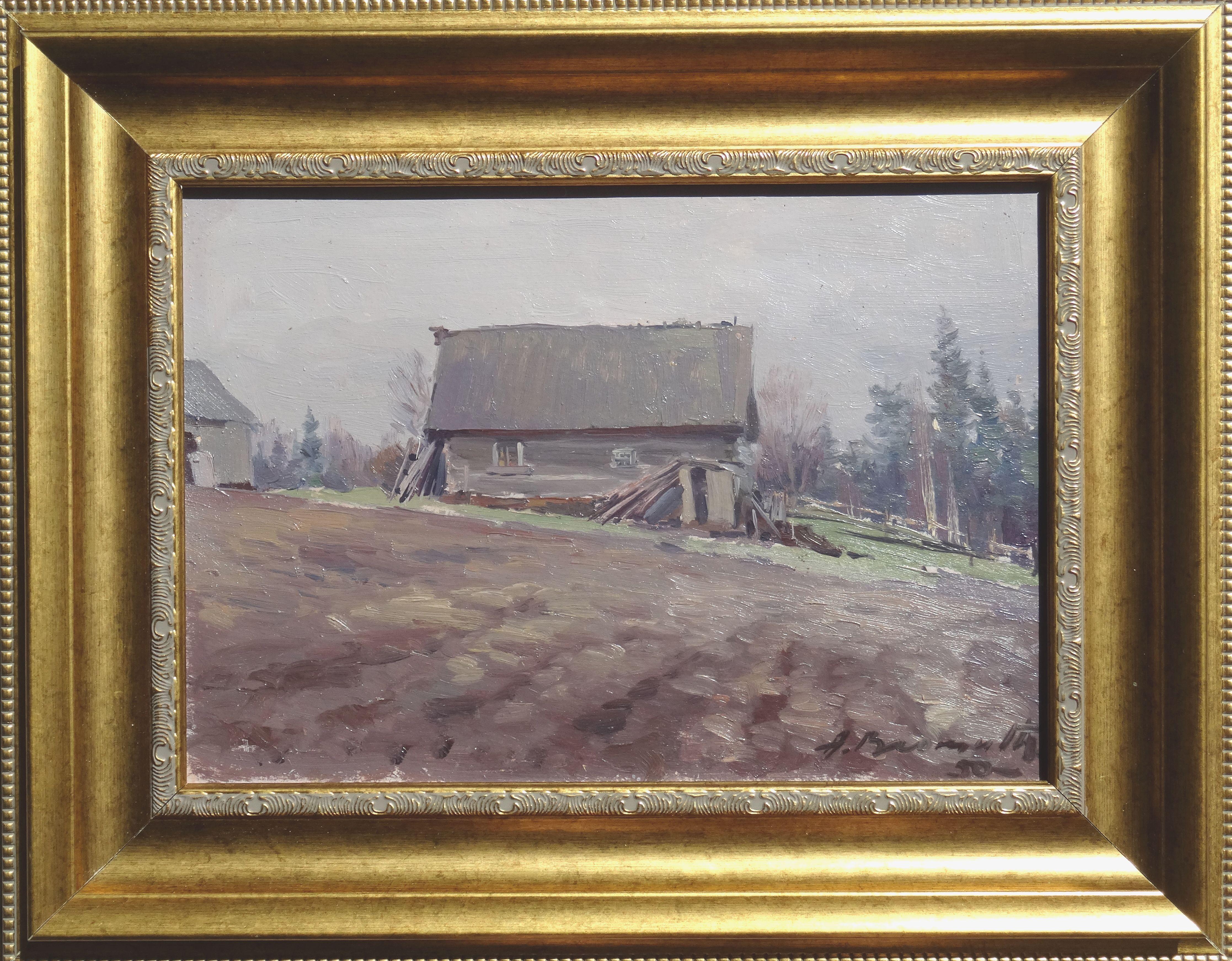  Countryside. 1950s, cardboard, oil, 26x37 cm - Painting by Alfejs Bromults