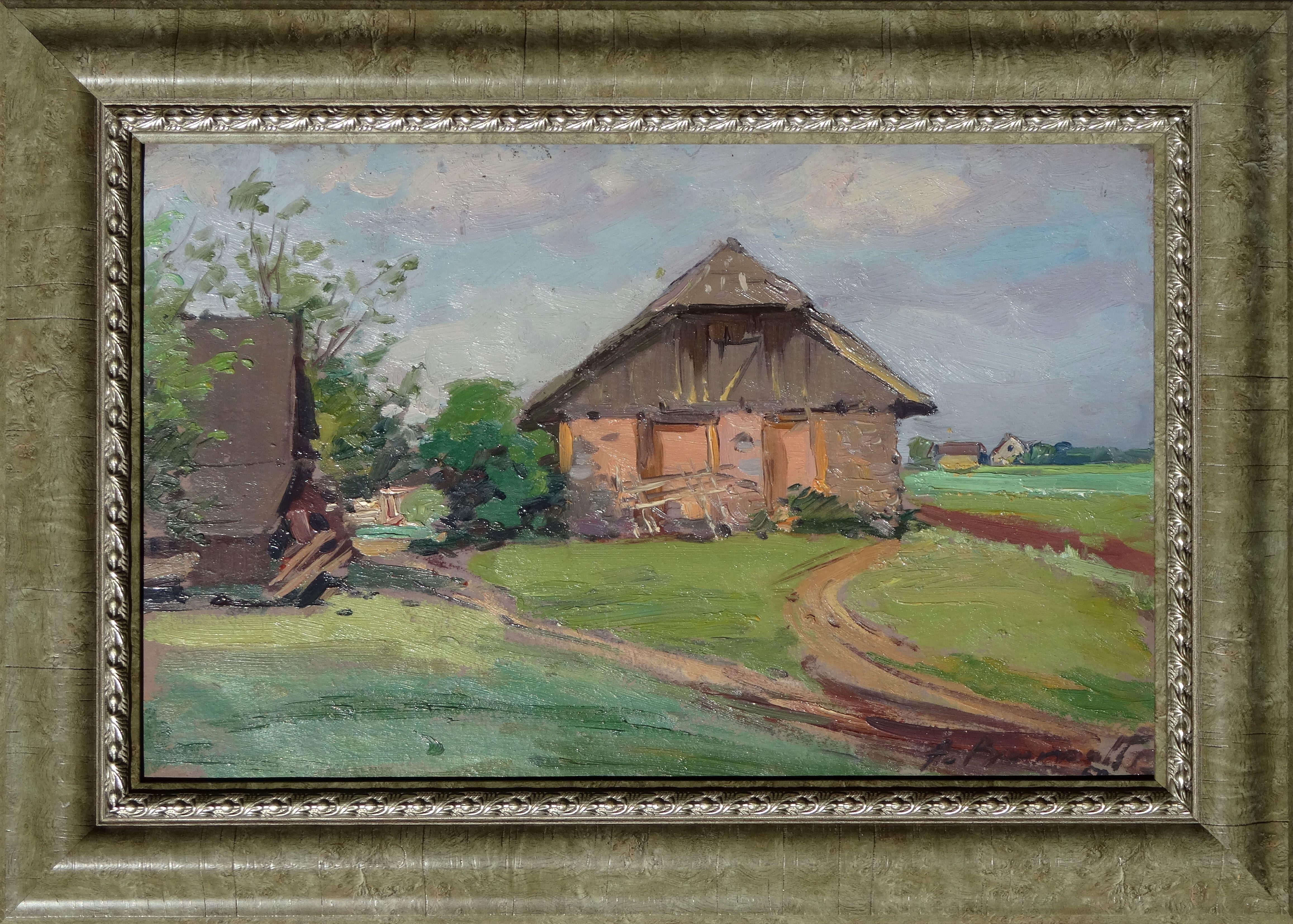 Rural life. 1970s, cardboard, oil, 23.5x36.5 cm - Realist Painting by Alfejs Bromults