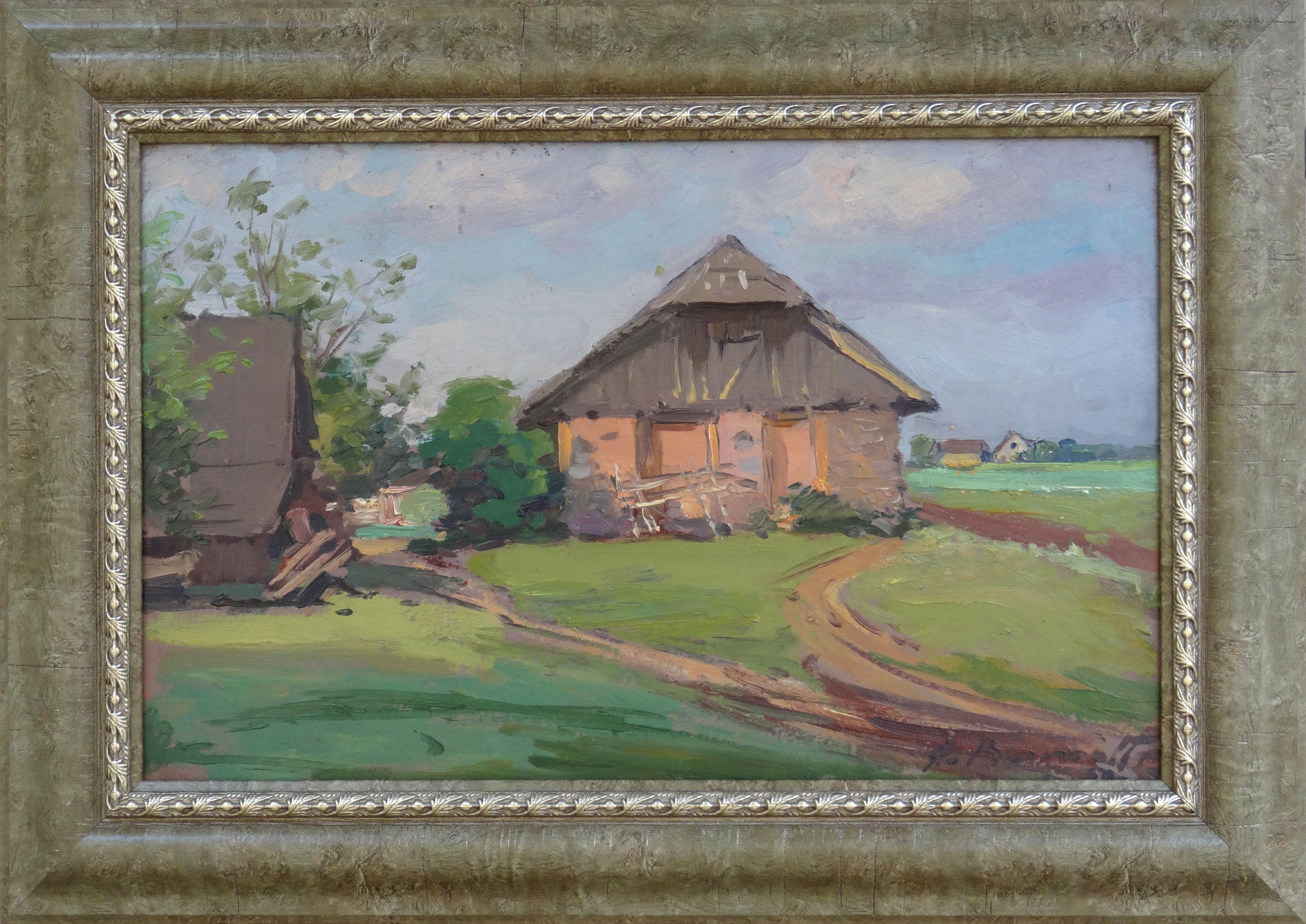 Rural life. 1970s, cardboard, oil, 23.5x36.5 cm - Painting by Alfejs Bromults