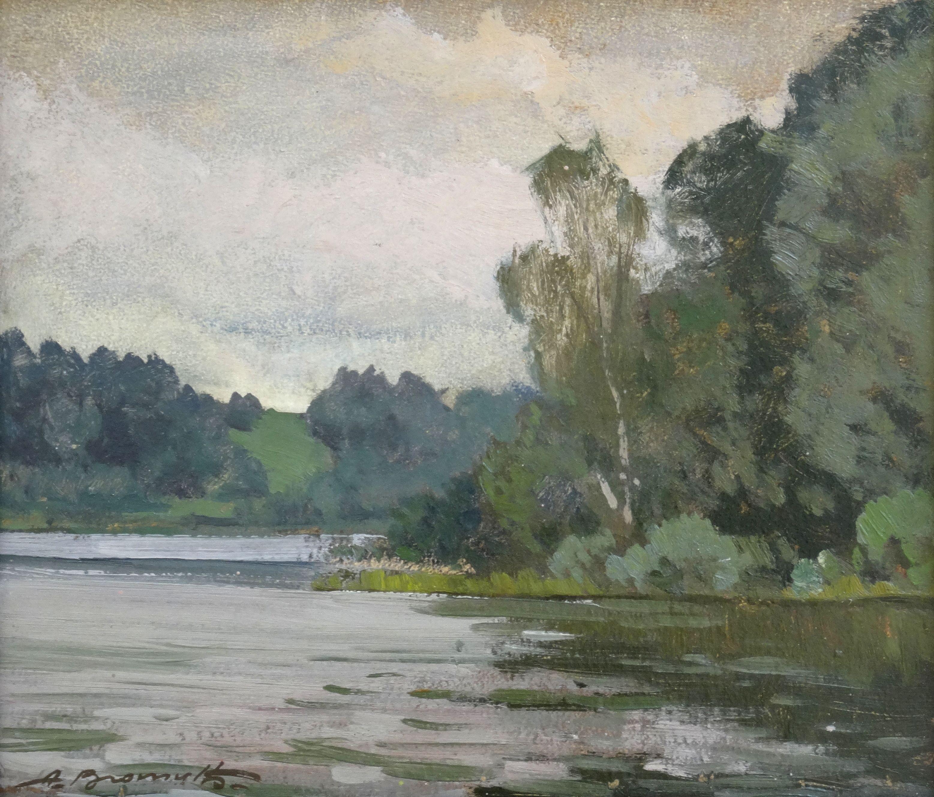 Alfejs Bromults Landscape Painting -  By the lake. Oil on cardboard, 30x35 cm
