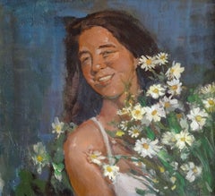 Girl with daisies. 1974, cardboard, oil, 49.5x50 cm