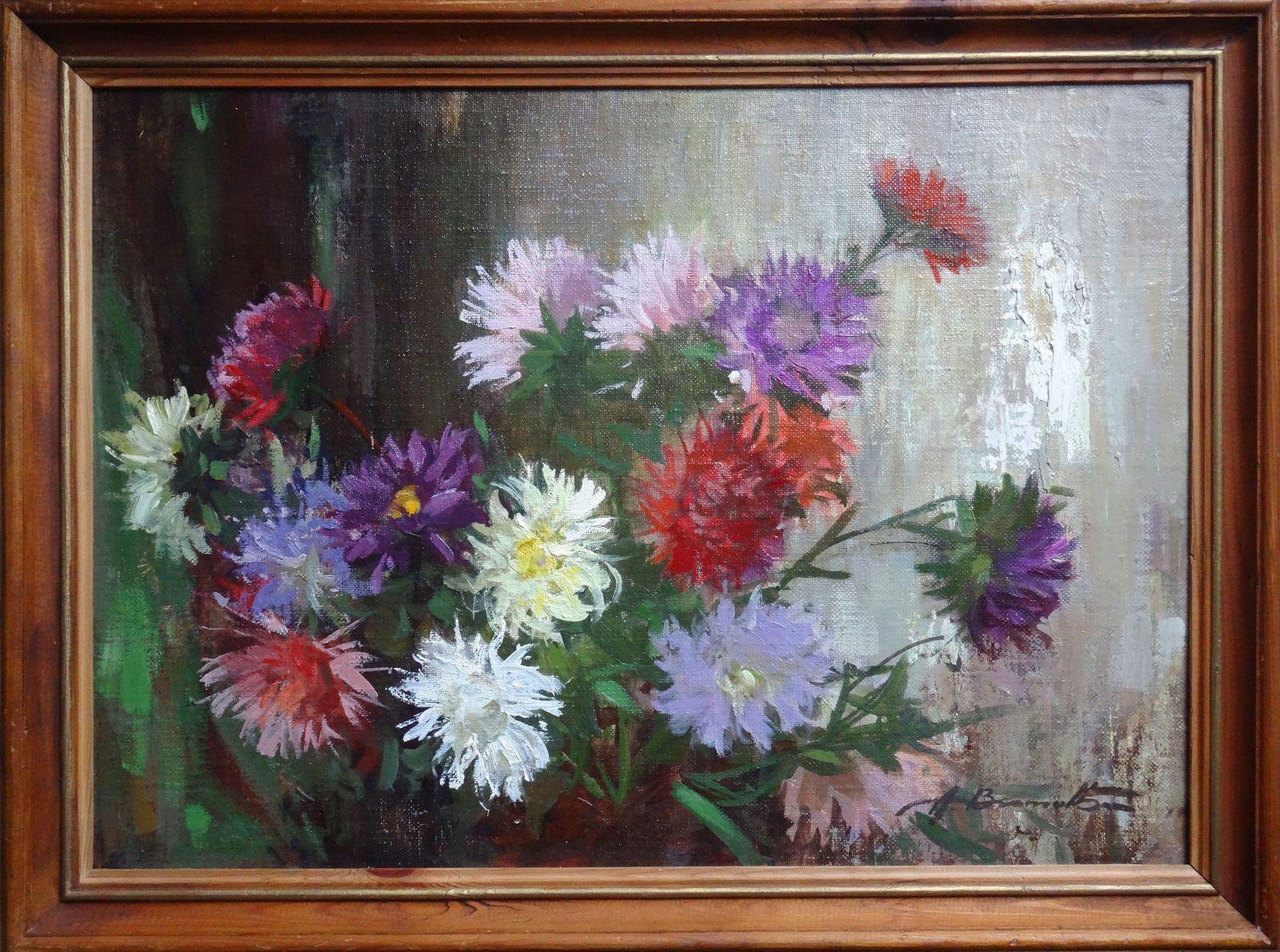 Autumn flowers. 1990, canvas, cardboard, oil, 50x70 cm - Painting by Alfejs Bromults