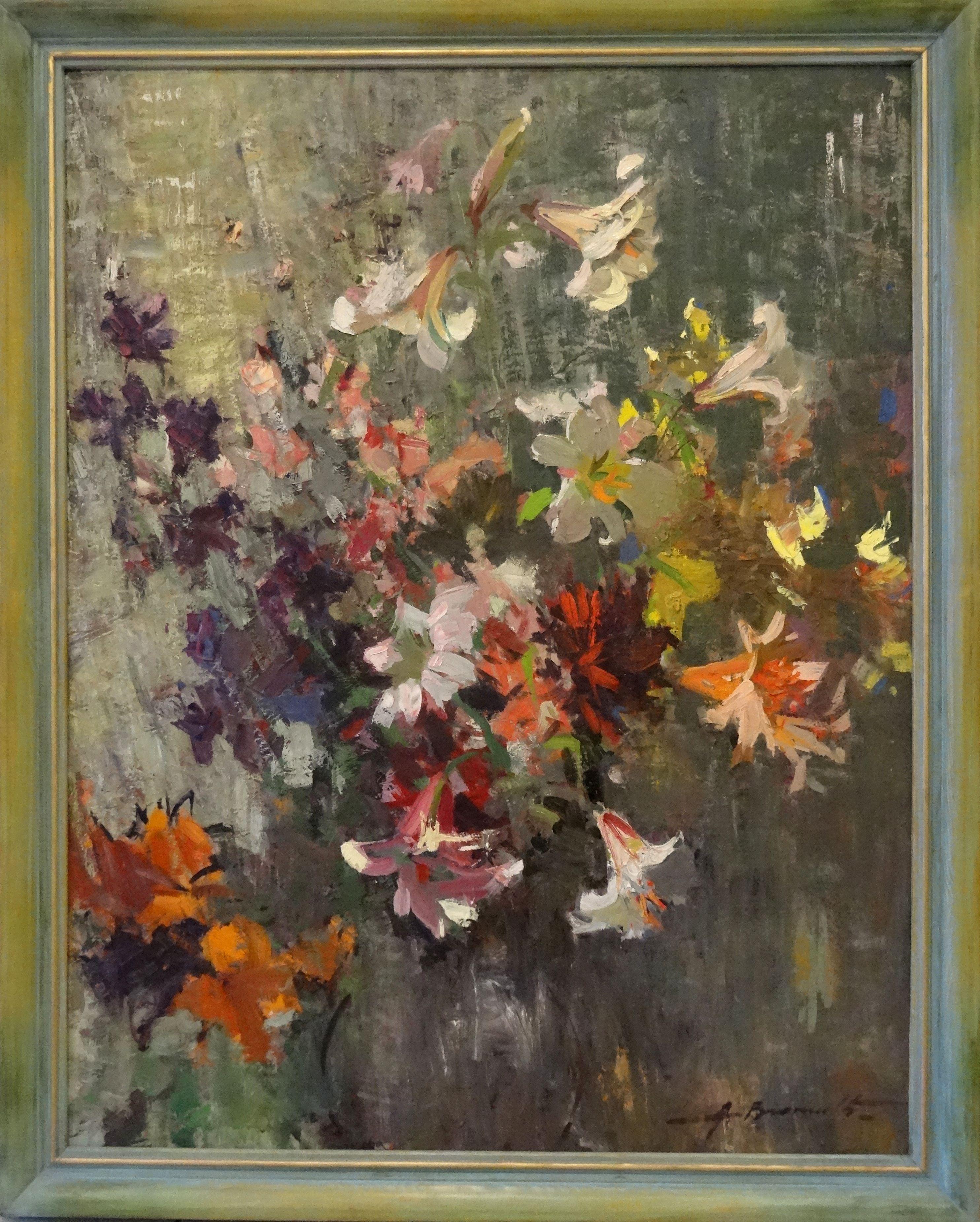 My garden flowers. 1974, oil on cardboard, 100x77 cm - Brown Still-Life Painting by Alfejs Bromults