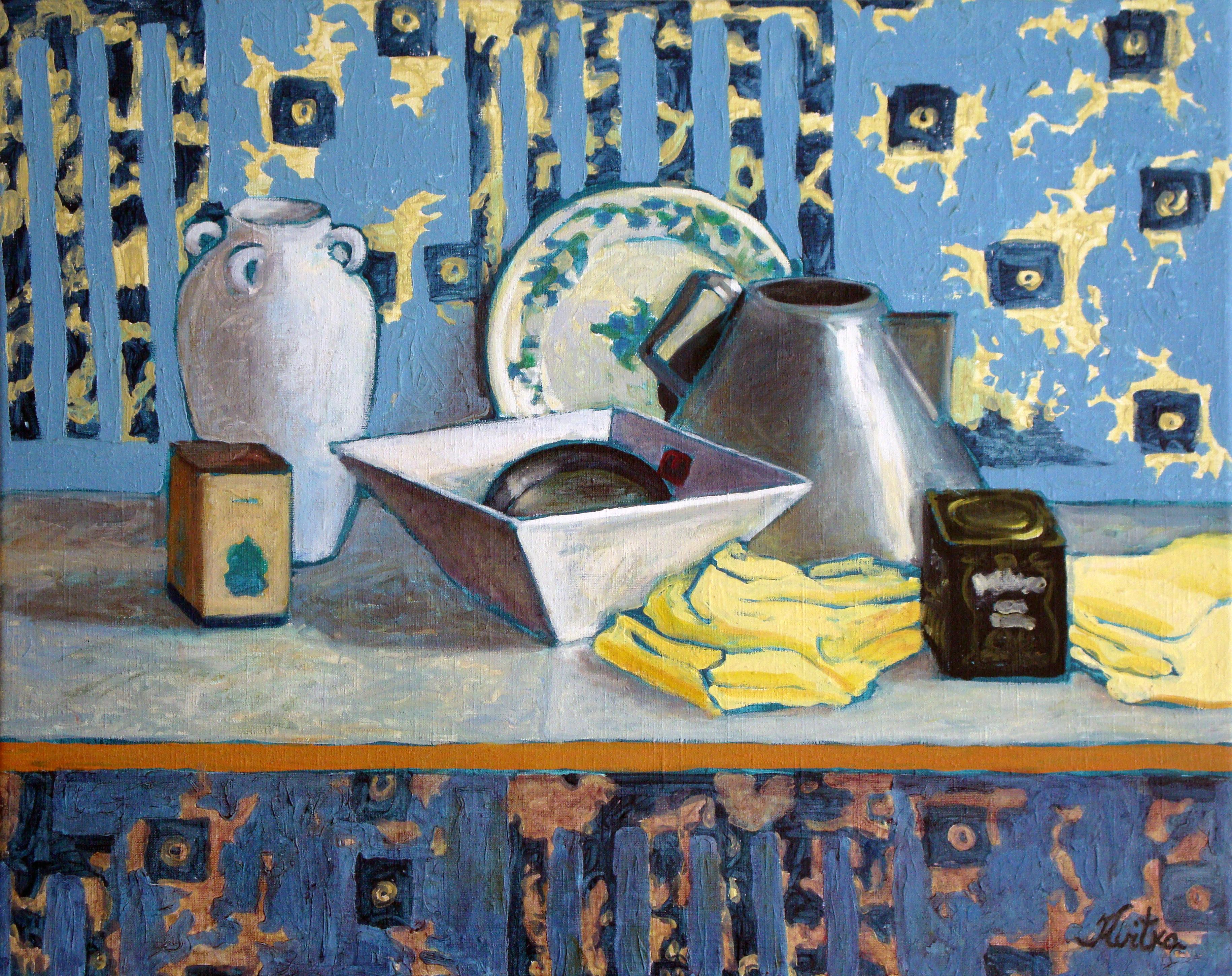 Das Leben in der Küche. Öl auf Leinwand, 72x90 cm