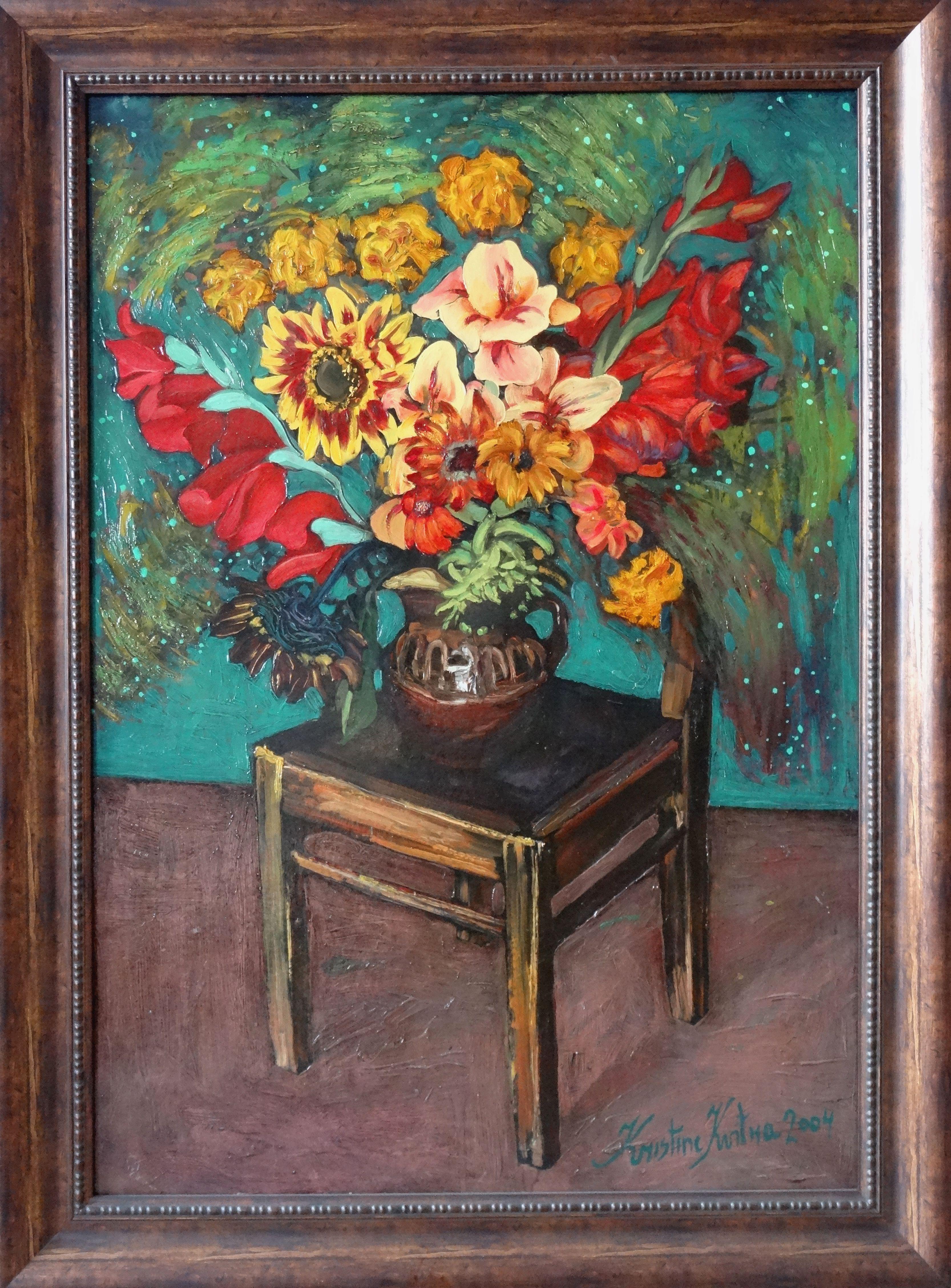 Flores nocturnas 2004, óleo sobre lienzo, 100x70 cm
Bodegón con flores en la silla

Kristine Kvitka (1983)

Kristine Kvitka es una artista letona, nacida en Riga en 1983, que actualmente vive y trabaja en Tricase (Italia) y Riga (Letonia). Su