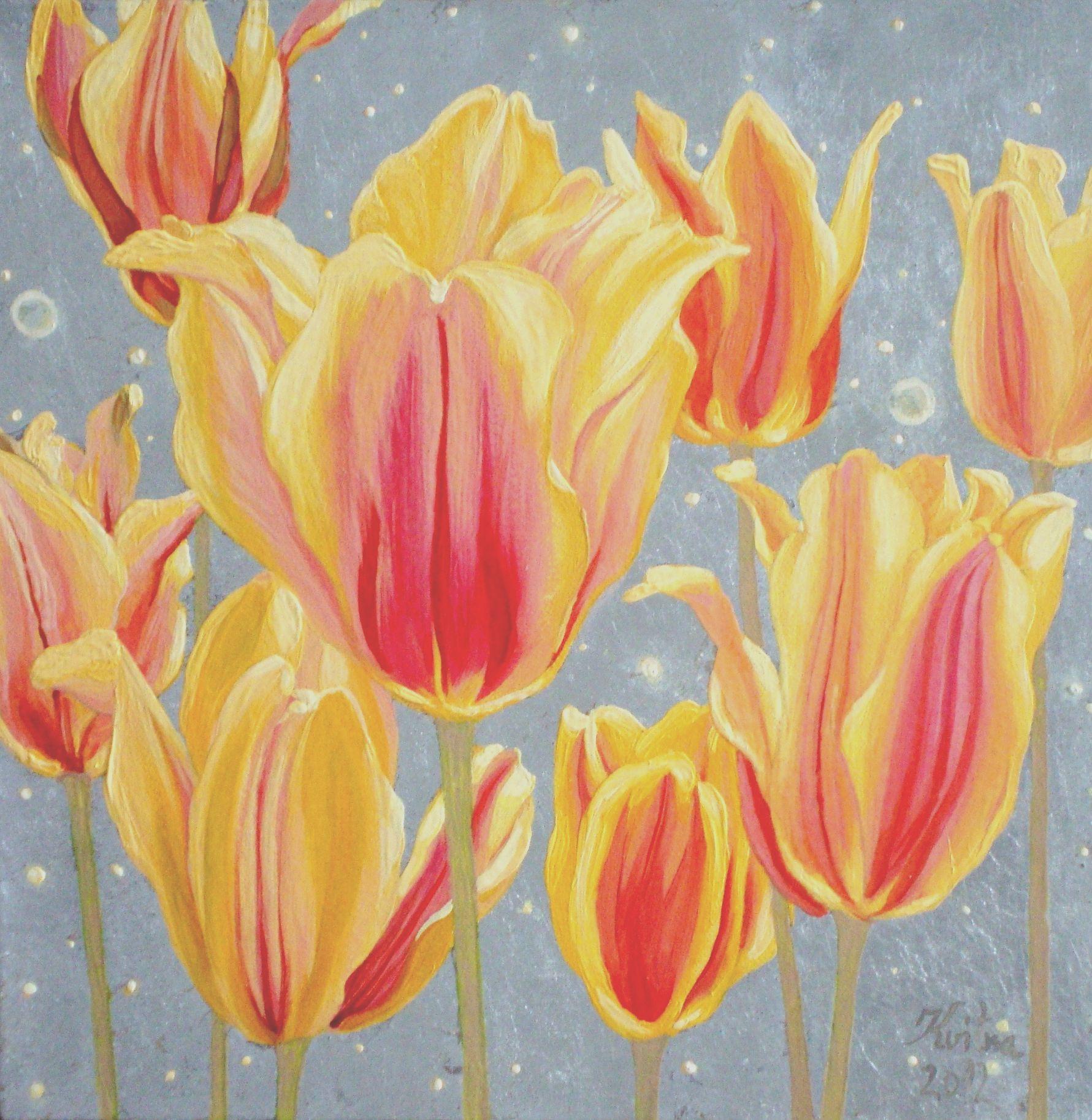 Kristine Kvitka Still-Life Painting - Tulips night blossomed. 2012, oil on canvas, 30x30 cm