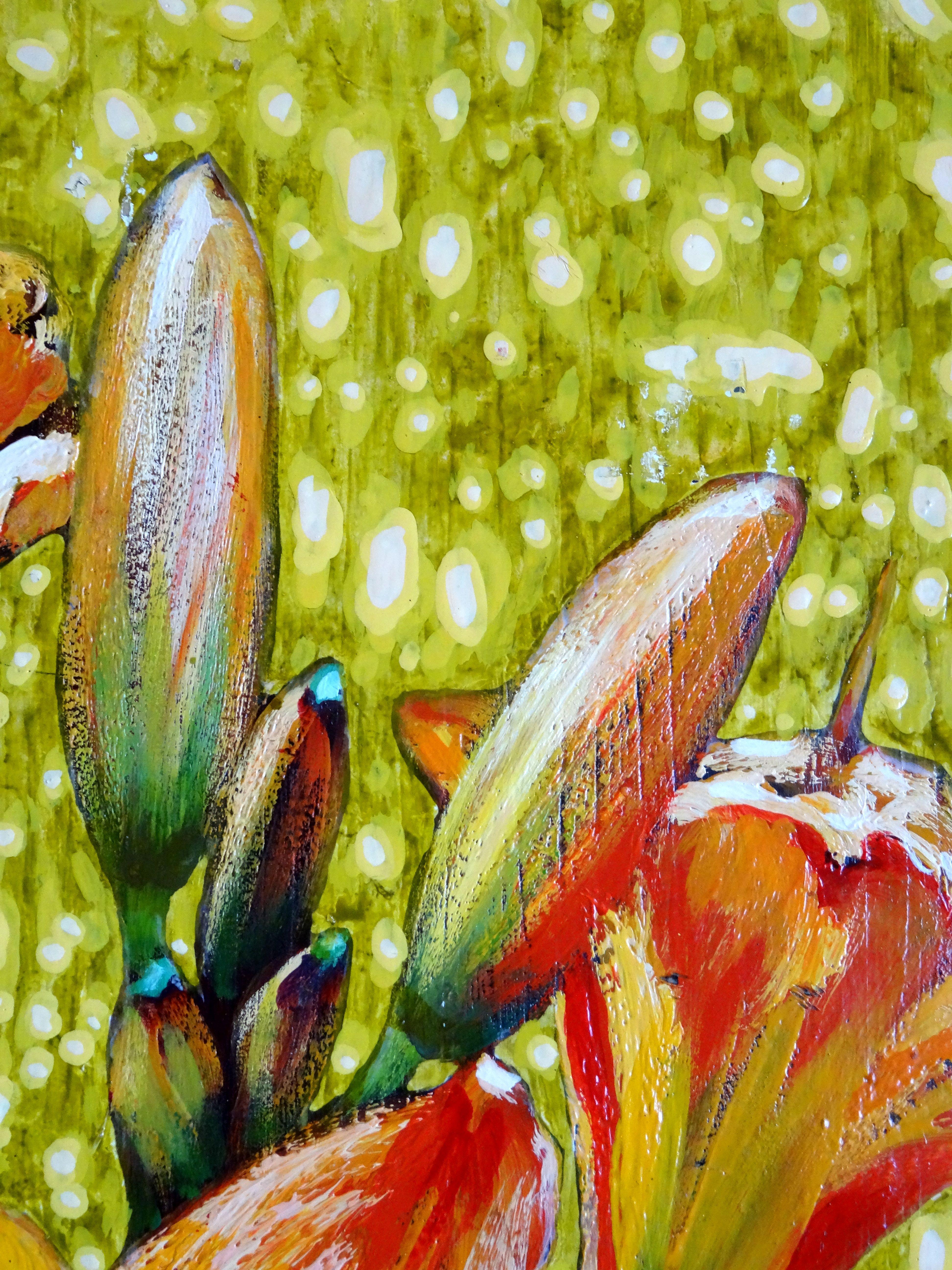 Fleur. 2012, huile sur bois, 60x39 cm - Marron Still-Life Painting par Kristine Kvitka