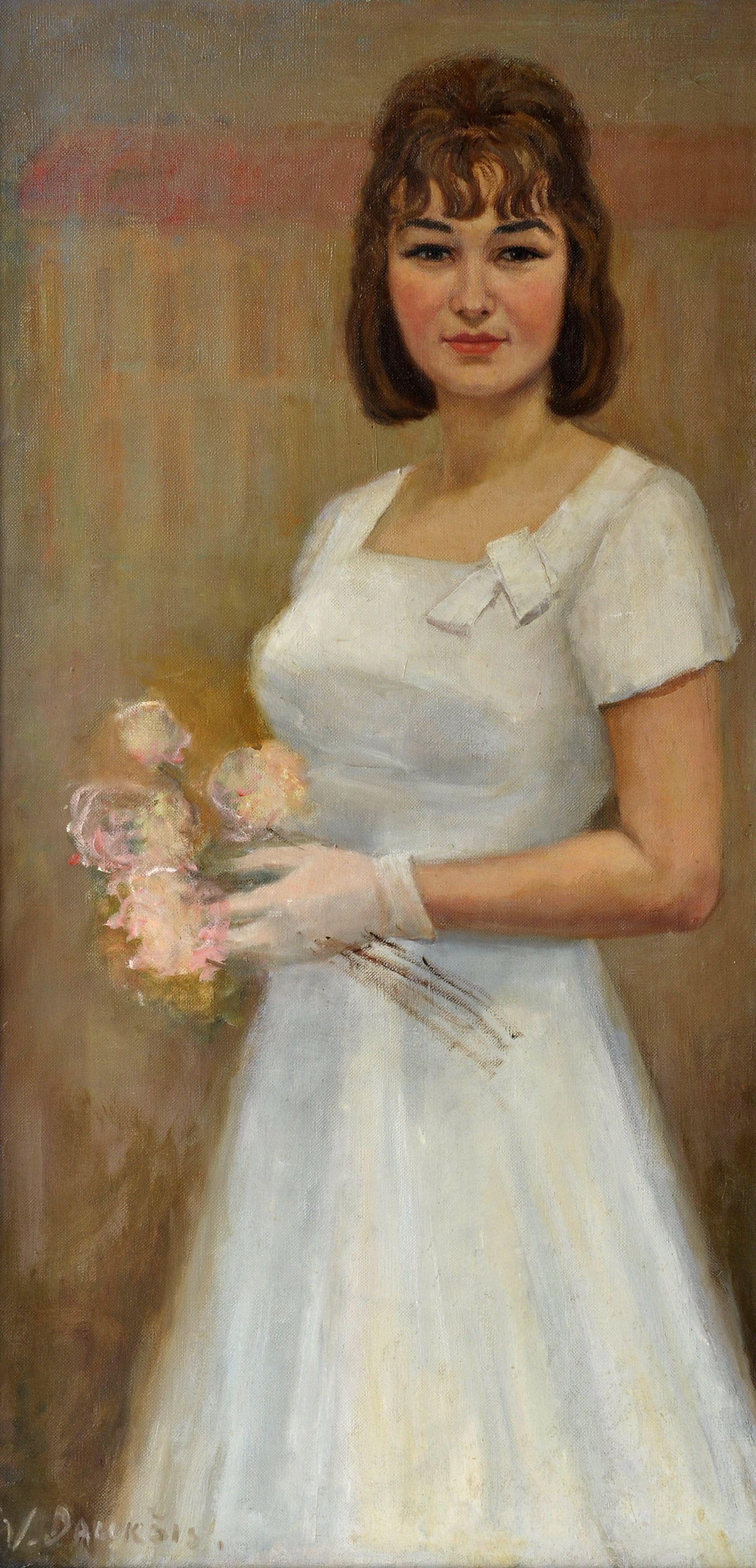 Valentina Dauksis  Figurative Painting - Graduate. Young girl in white dress with flowers. Oil on canvas, 124x63 cm