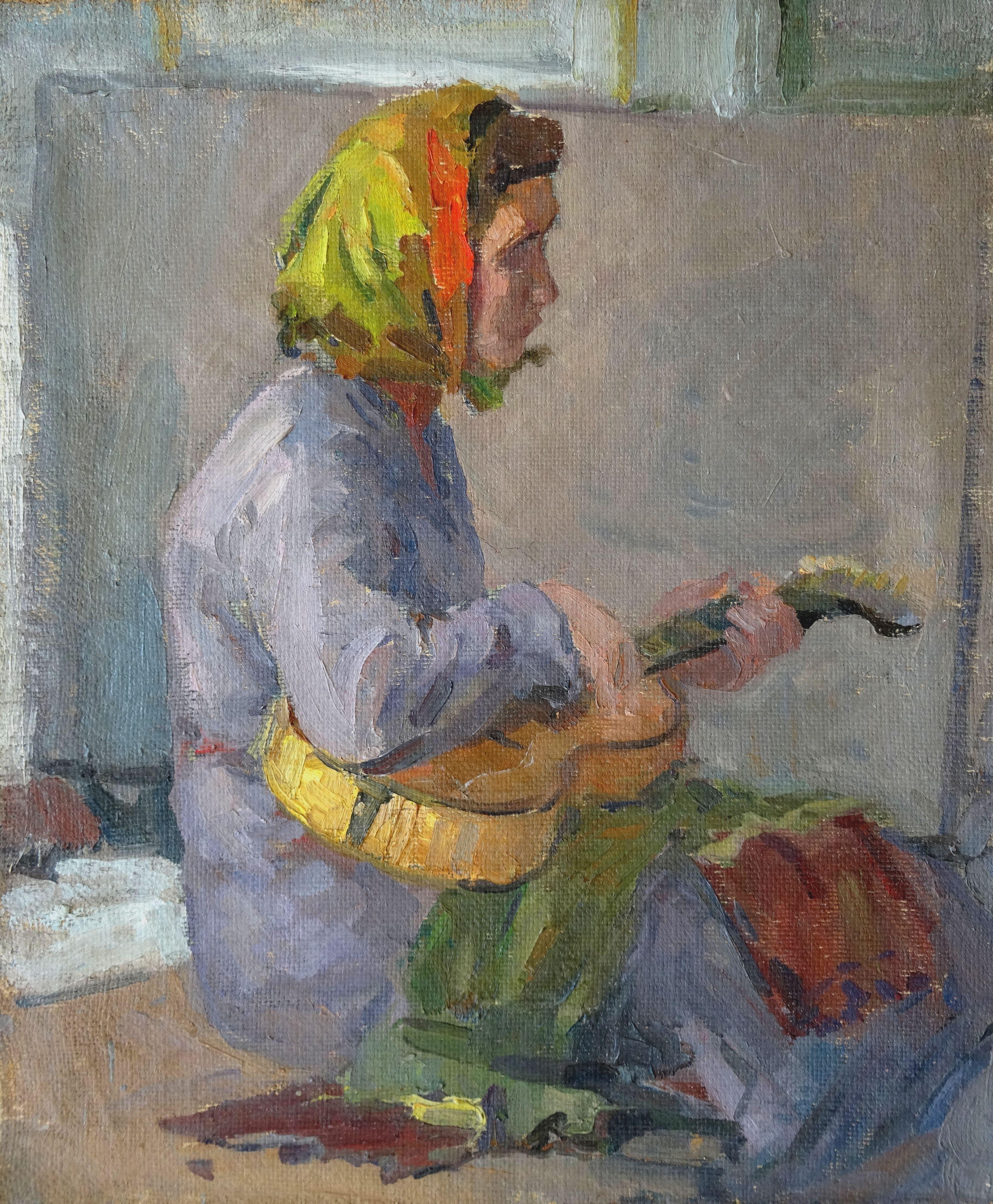 German Dontsov Figurative Painting - With a guitar. Oil on canvas, 78.5x65 cm