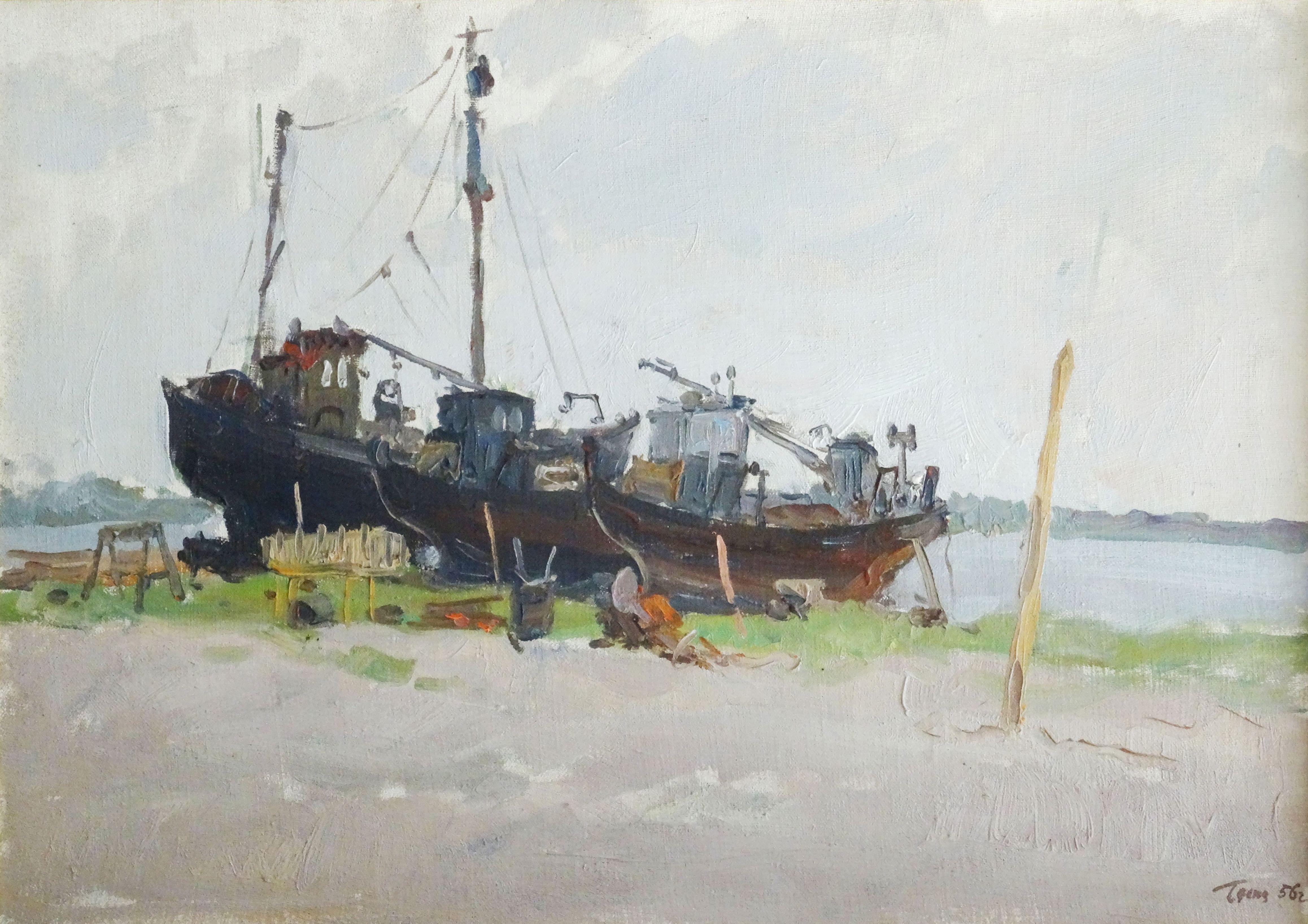 Landscape Painting German Dontsov - Réparation du navire. 1956, huile sur toile, carton, 43,5 x 61,5 cm