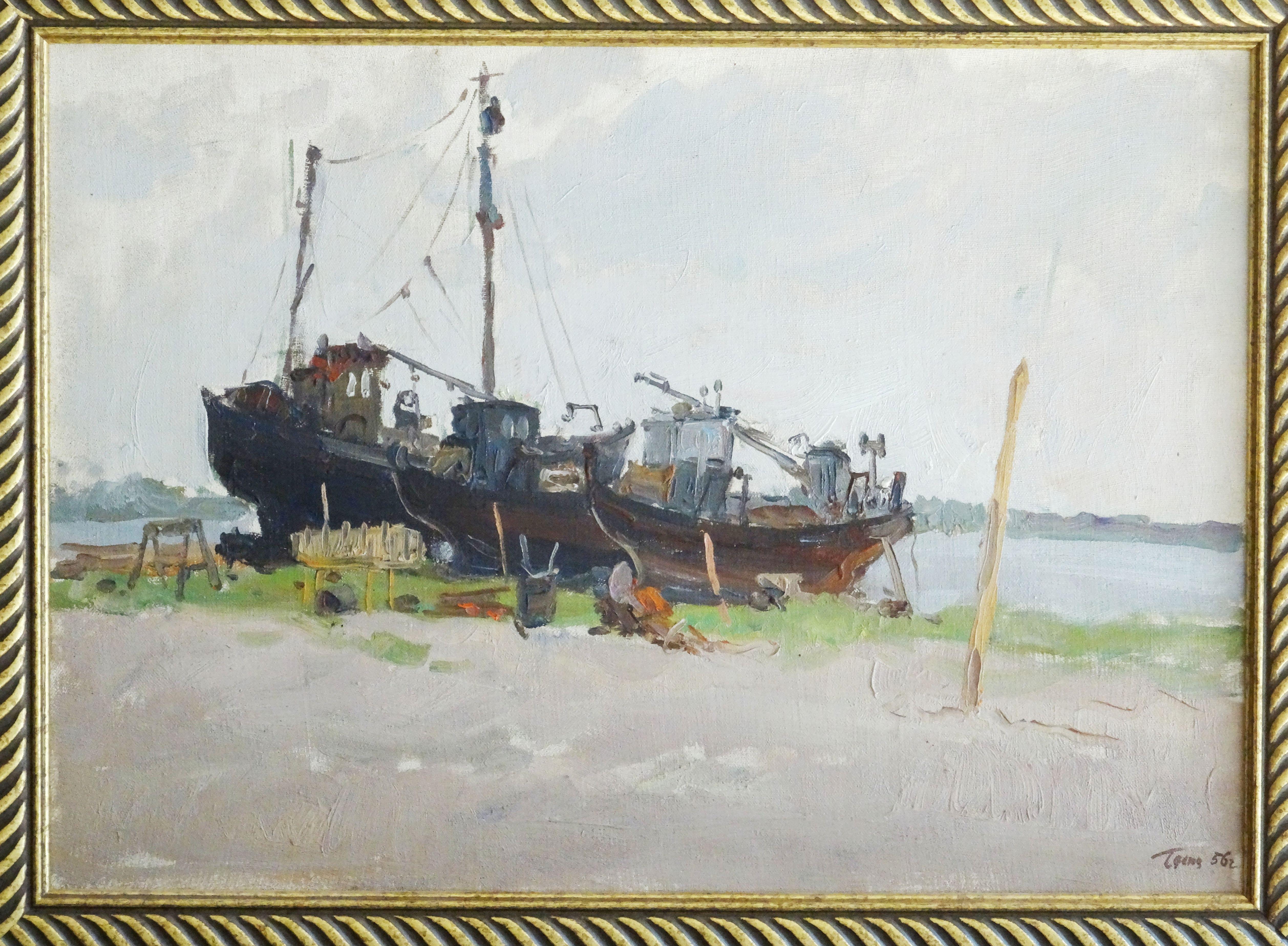Ship repair. 1956, oil on canvas, cardboard, 43, 5x61, 5 cm - Painting by German Dontsov
