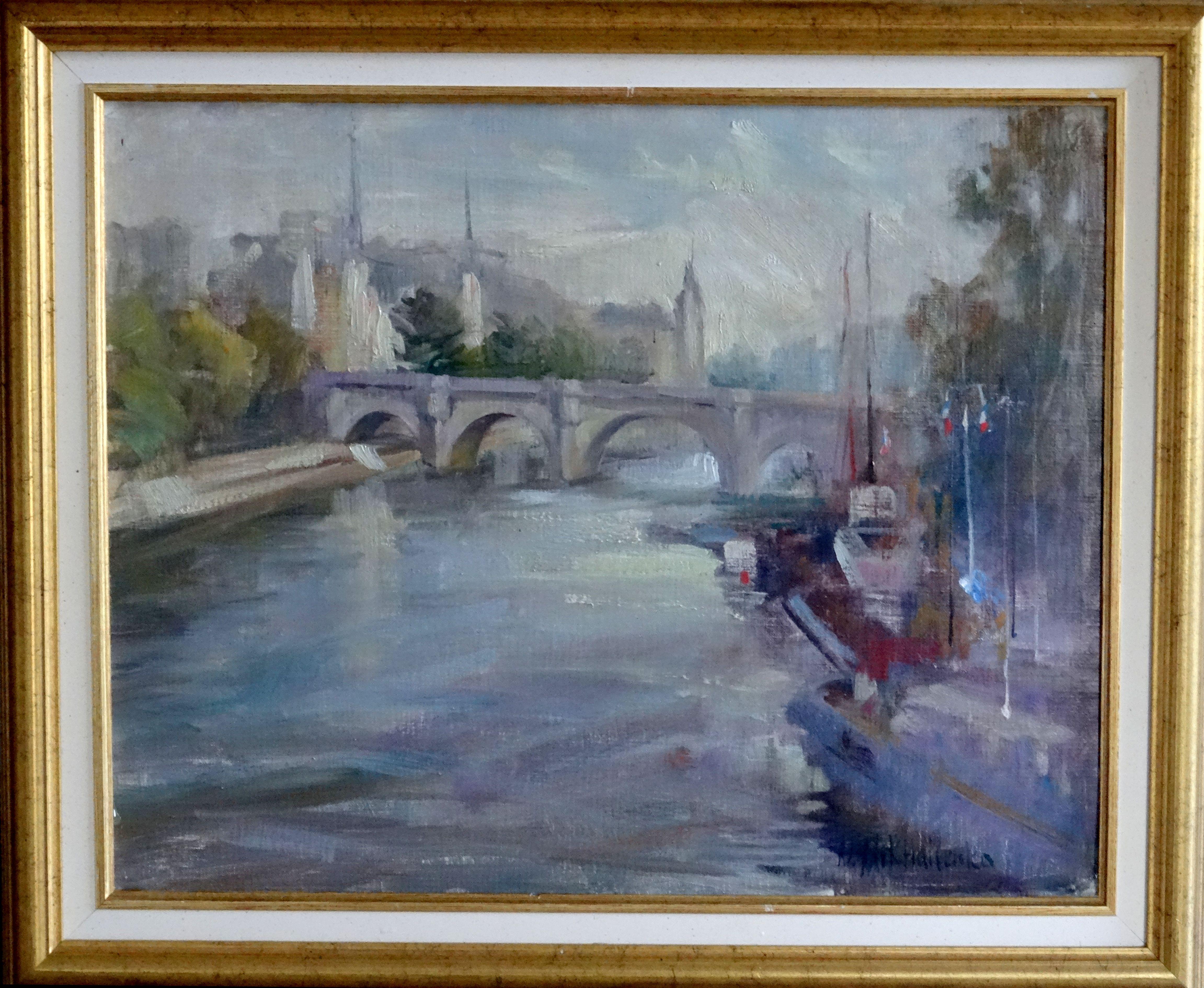 Vue du pont. Huile sur toile et carton, 41 x51 cm - Painting de Nina Mikhailenko 