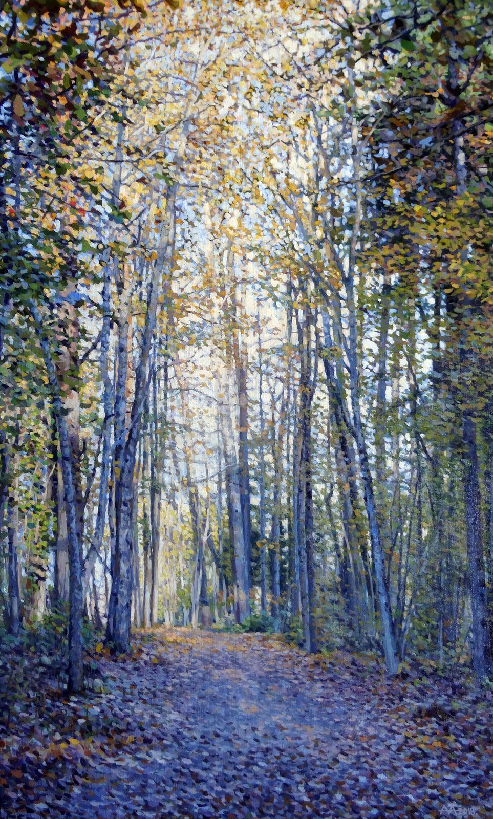 Andrey Amelkovich Landscape Painting - Autumn light. At sunny forest. 2018. Oil and acrylic on canvas, 119x72 cm