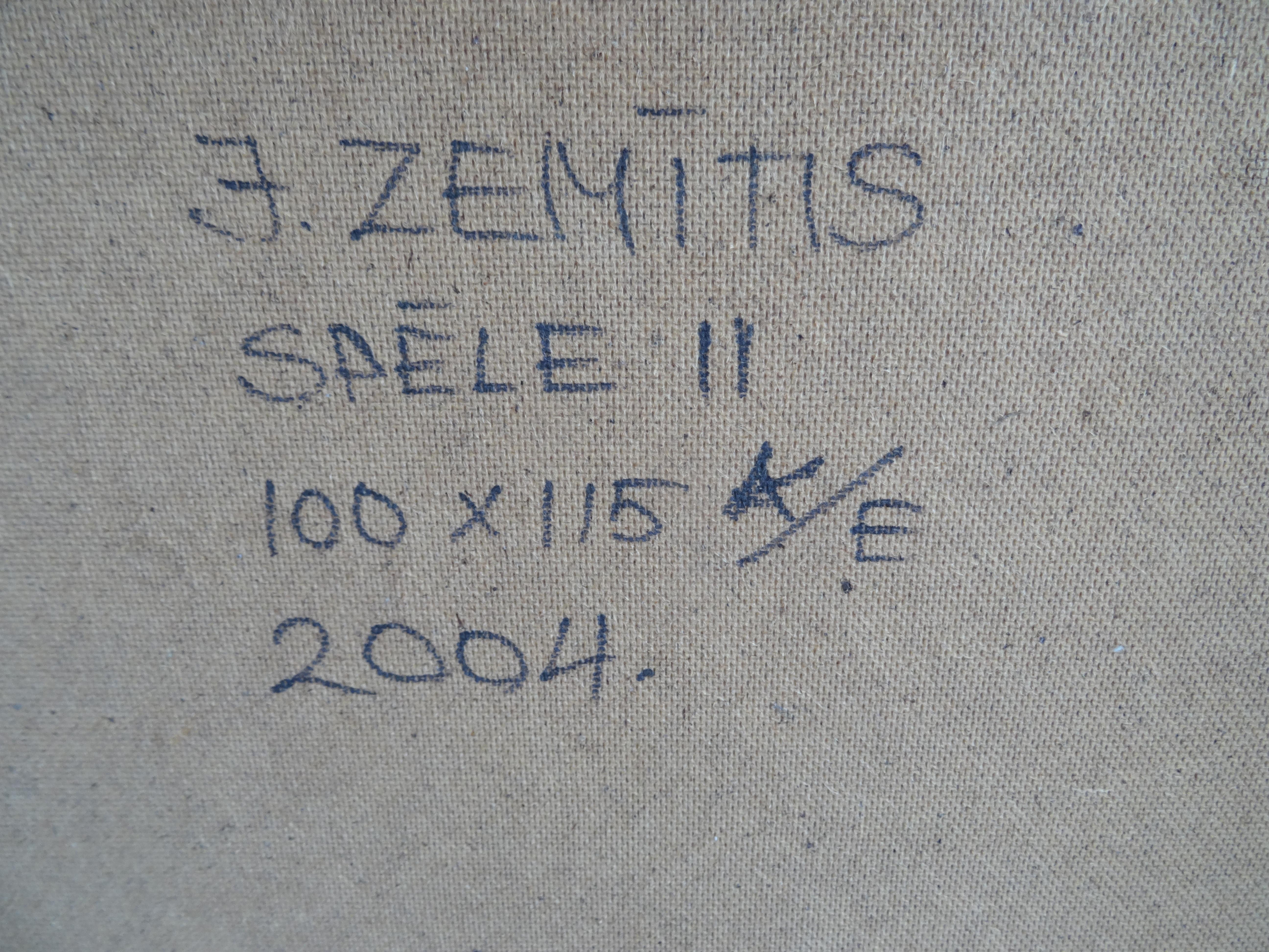 Das Spiel II. 2004. Öl auf Karton, 100x115 cm
Abstrakte Malerei mit Spielkarten, Gitarren und gelben und fliederfarbenen Farbfeldern 
Runde Komposition im Rechteck 

Janis Zemitis (1940-2008)

1958 absolvierte er die Rigaer Kunstschule von J.